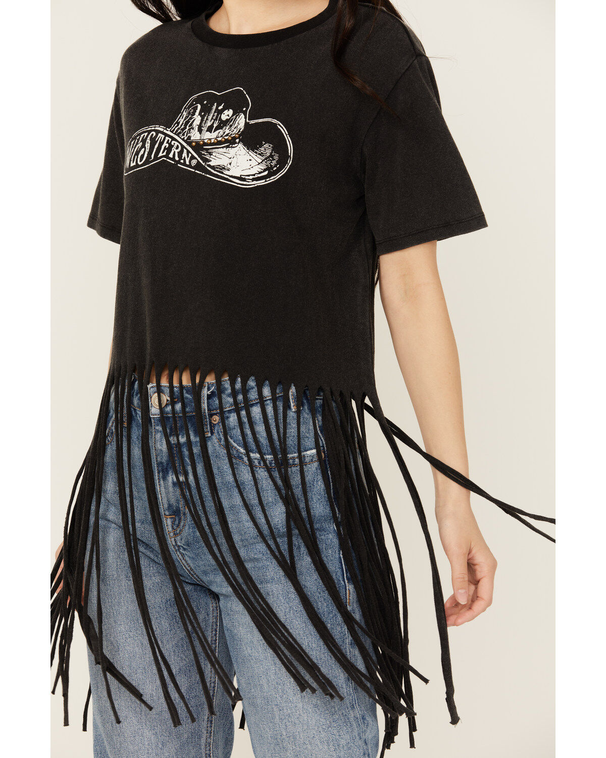 Rock & Roll Denim Women's Hat Short Sleeve Fringe Graphic Tee