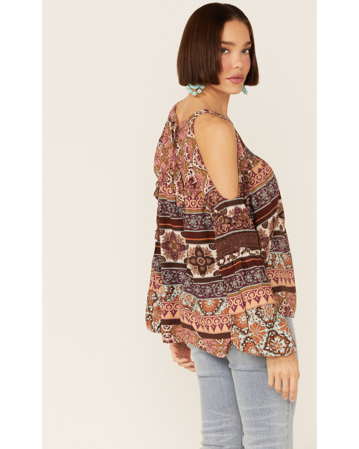 Miss Me Women's Vertical Print Cold Shoulder Bell Sleeve Woven Top