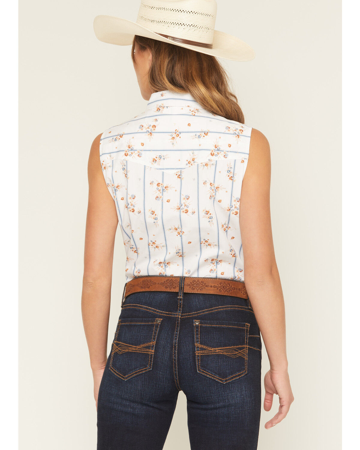 Ely Walker Women's Floral Striped Sleeveless Pearl Snap Western Shirt