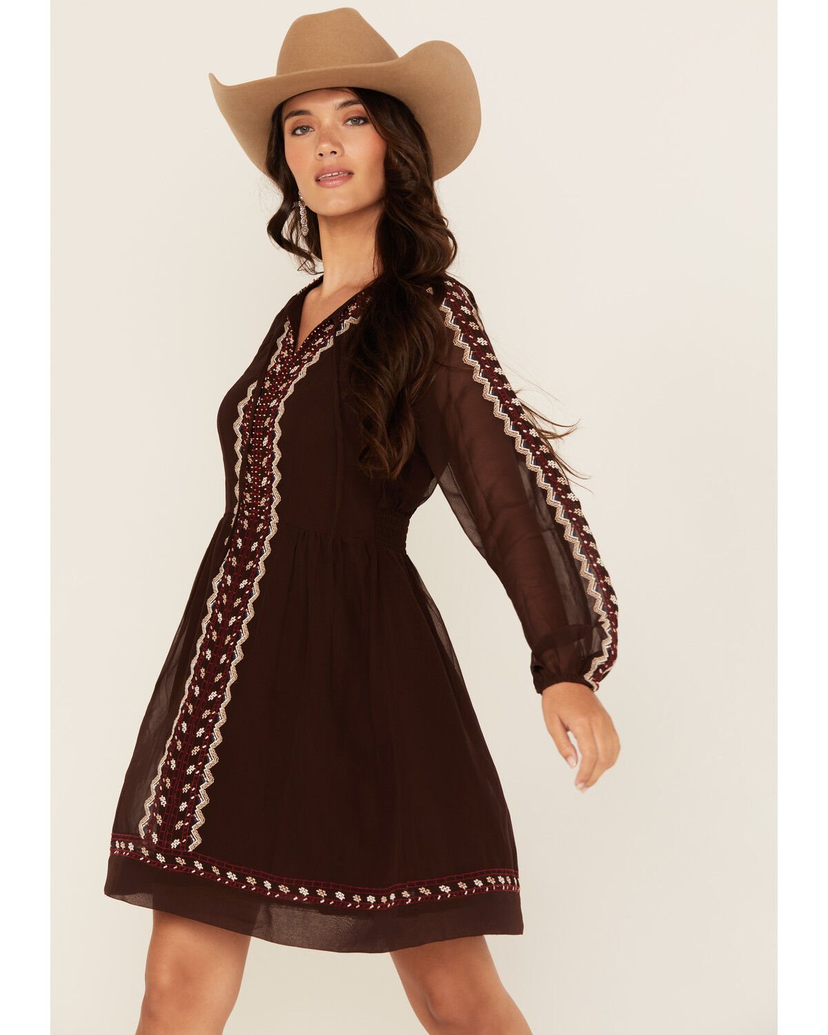 Shyanne Women's Georgette Embroidered Long Sleeve Mini Dress