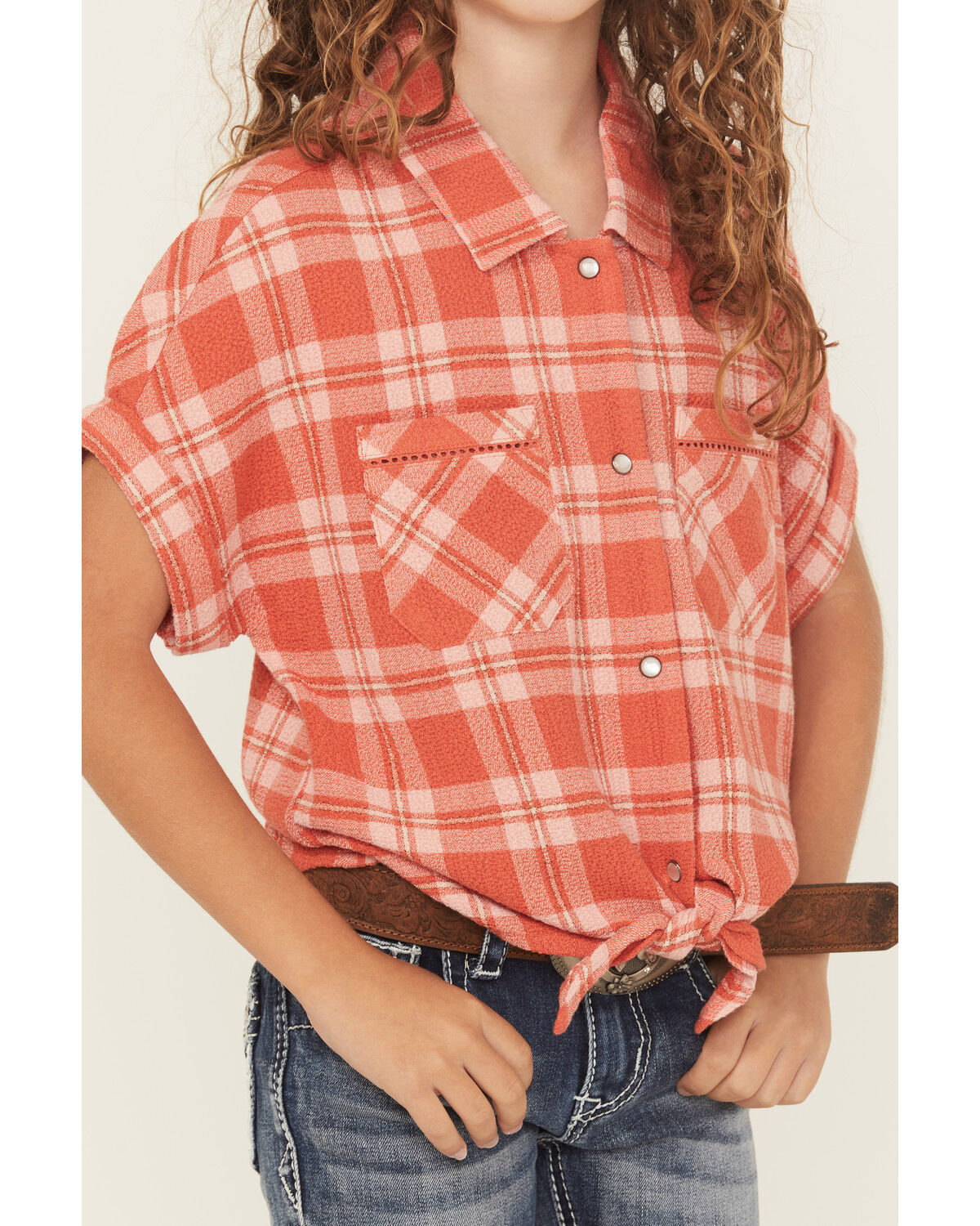 Shyanne Girls' Camp Plaid Print Short Sleeve Snap Tie-Front Shirt