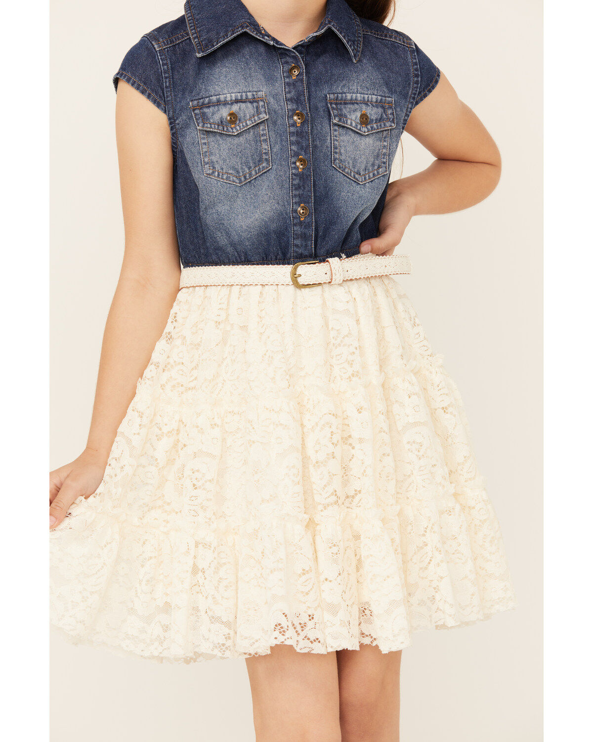 Sugar California Girls' Belted Denim Lace Mini Dress
