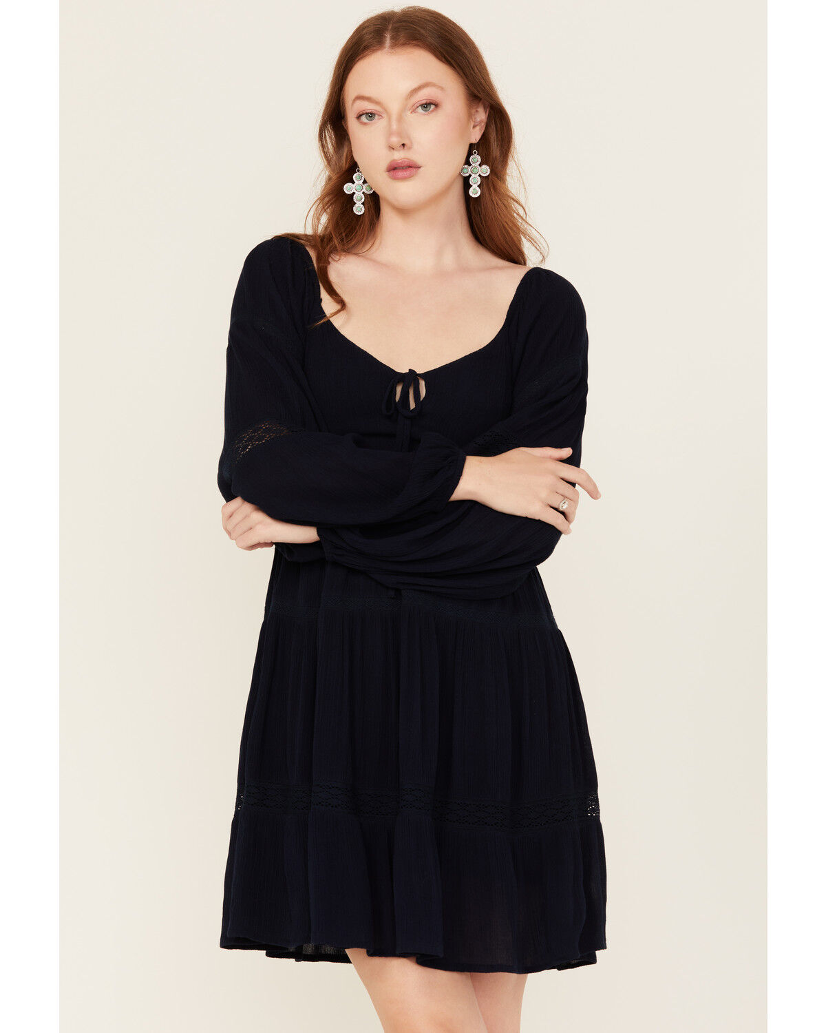 Jolt Women's Lace Trim Long Sleeve Tiered Mini Dress