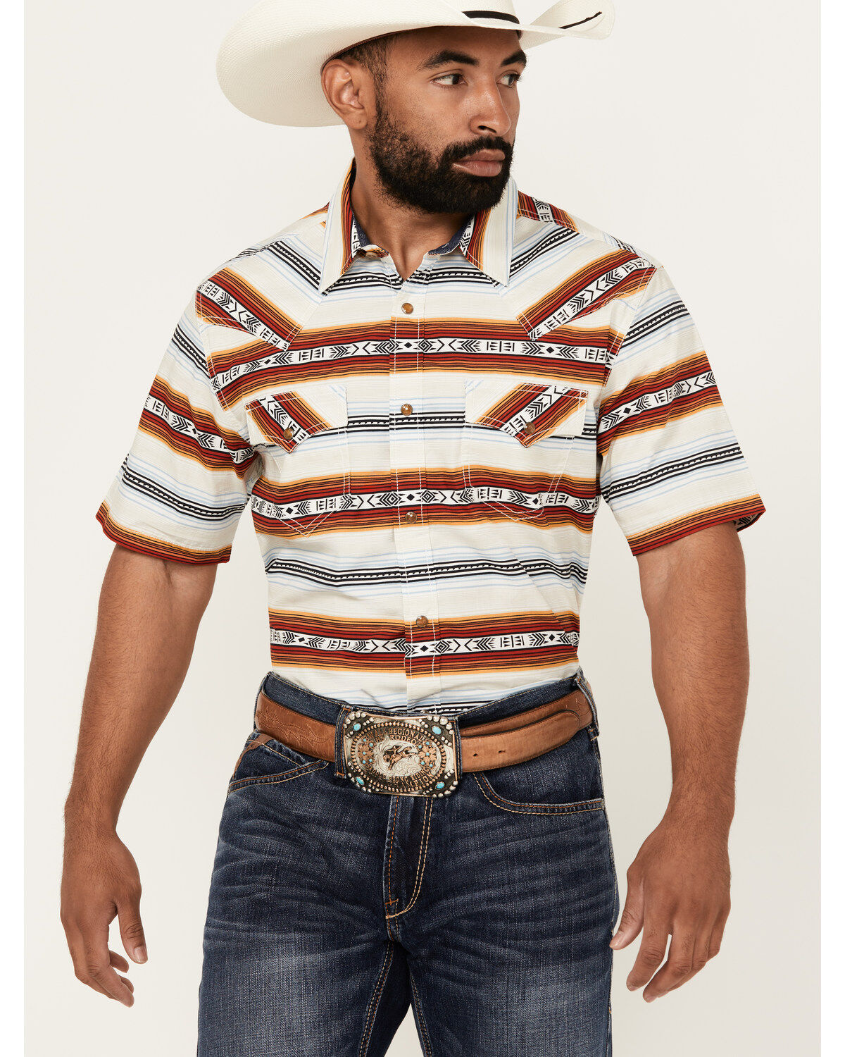 Cody James Men's Crystal Ball Serape Striped Print Short Sleeve Snap Western Shirt