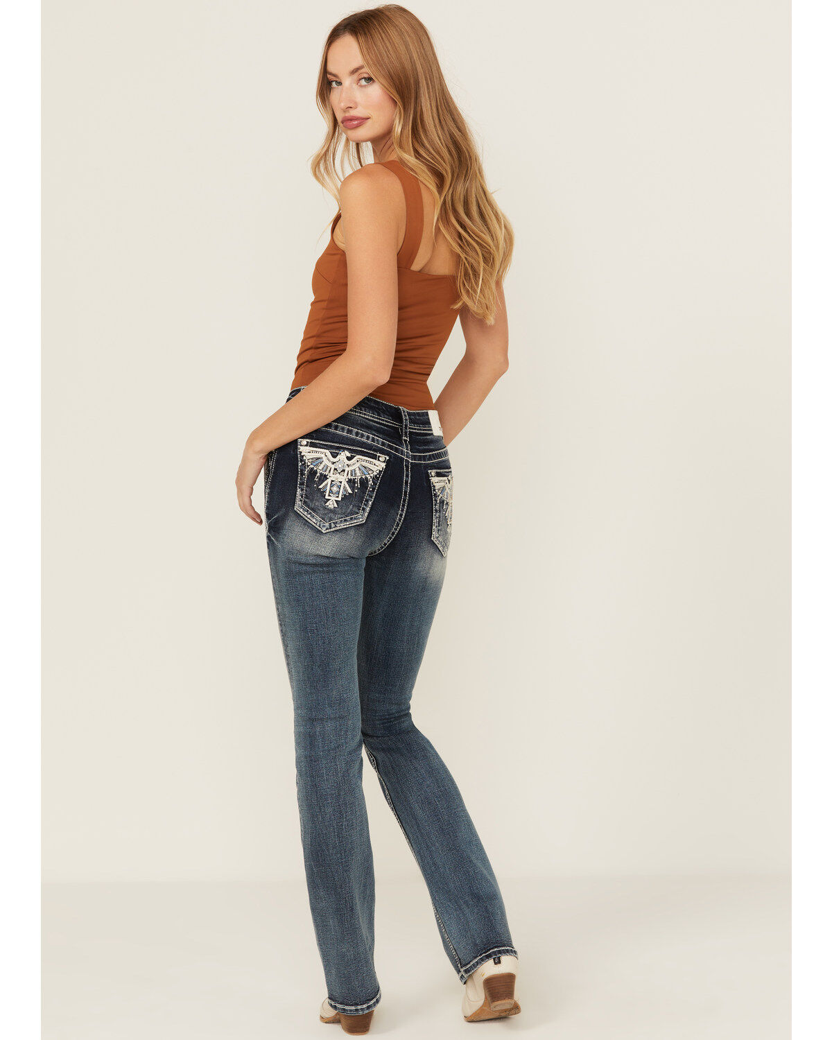 Grace in LA Women's Medium Wash Mid Rise Thunderbird Pocket Bootcut Stretch Denim Jeans
