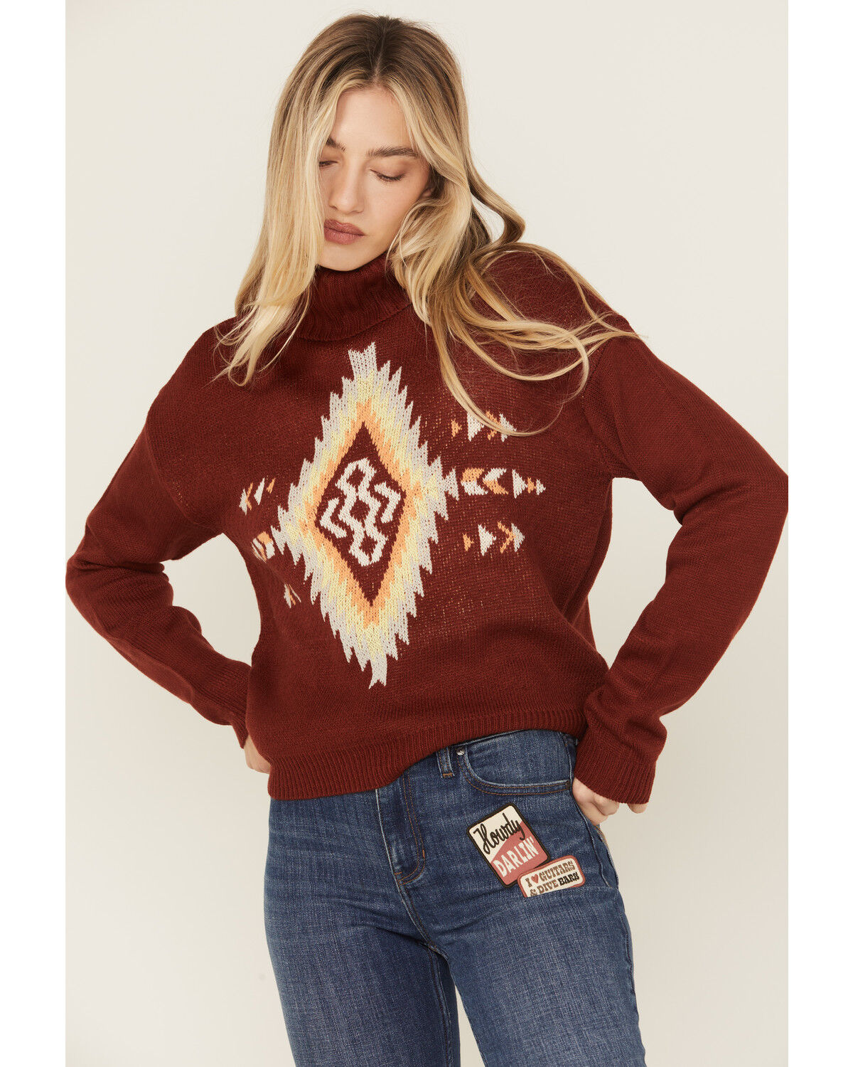 Rock & Roll Denim Women's Southwestern Print Turtleneck Sweater