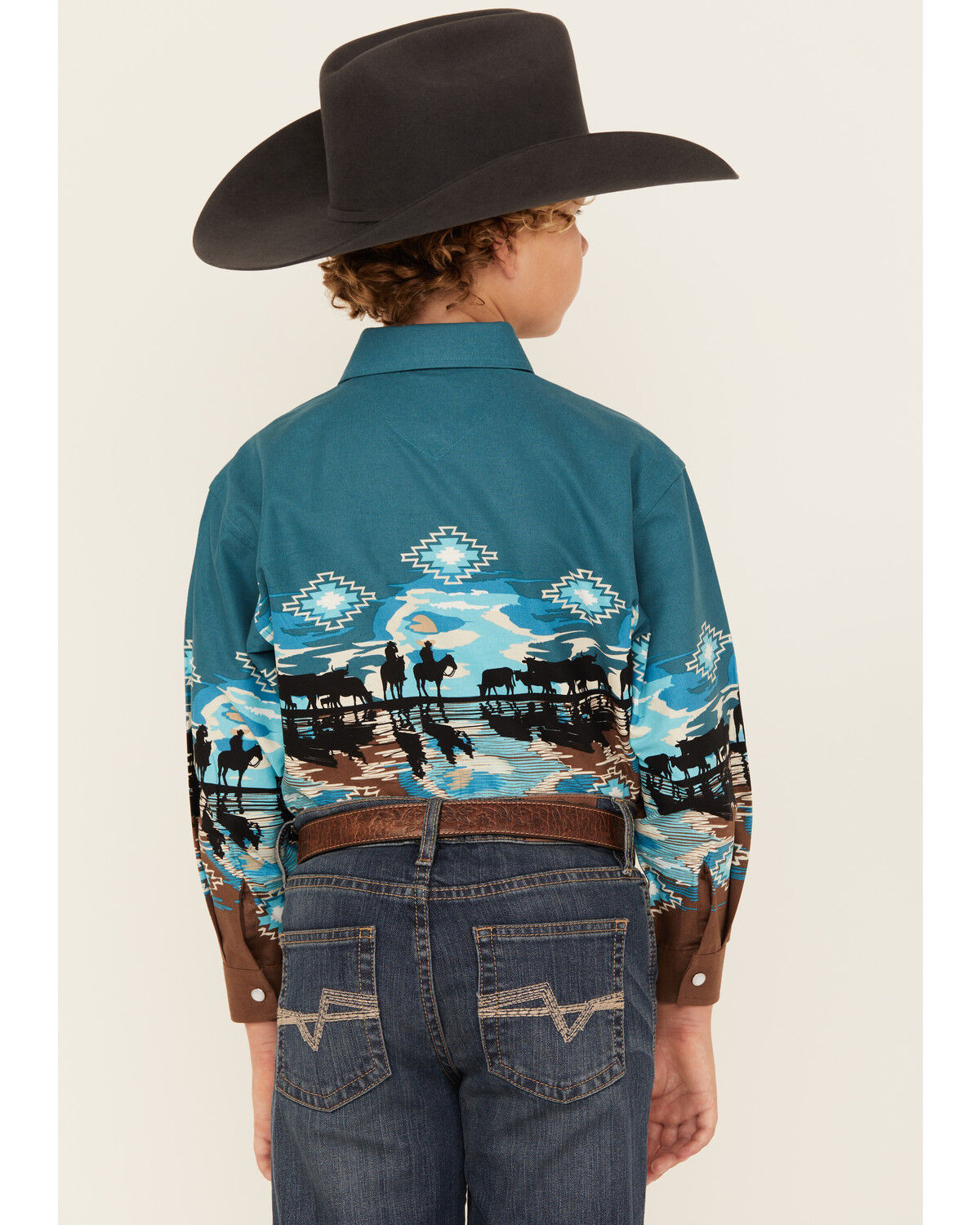 Panhandle Boys' Cowboy Border Print Long Sleeve Snap Western Shirt