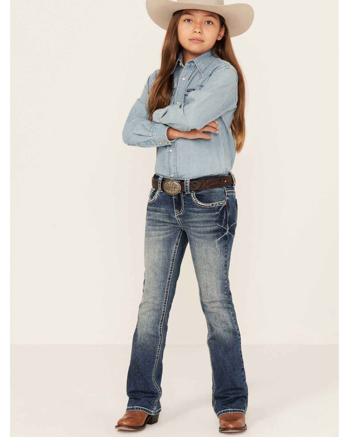 Shyanne Girls' Medium Wash Double Horseshoe Pocket Bootcut Stretch Denim Jeans