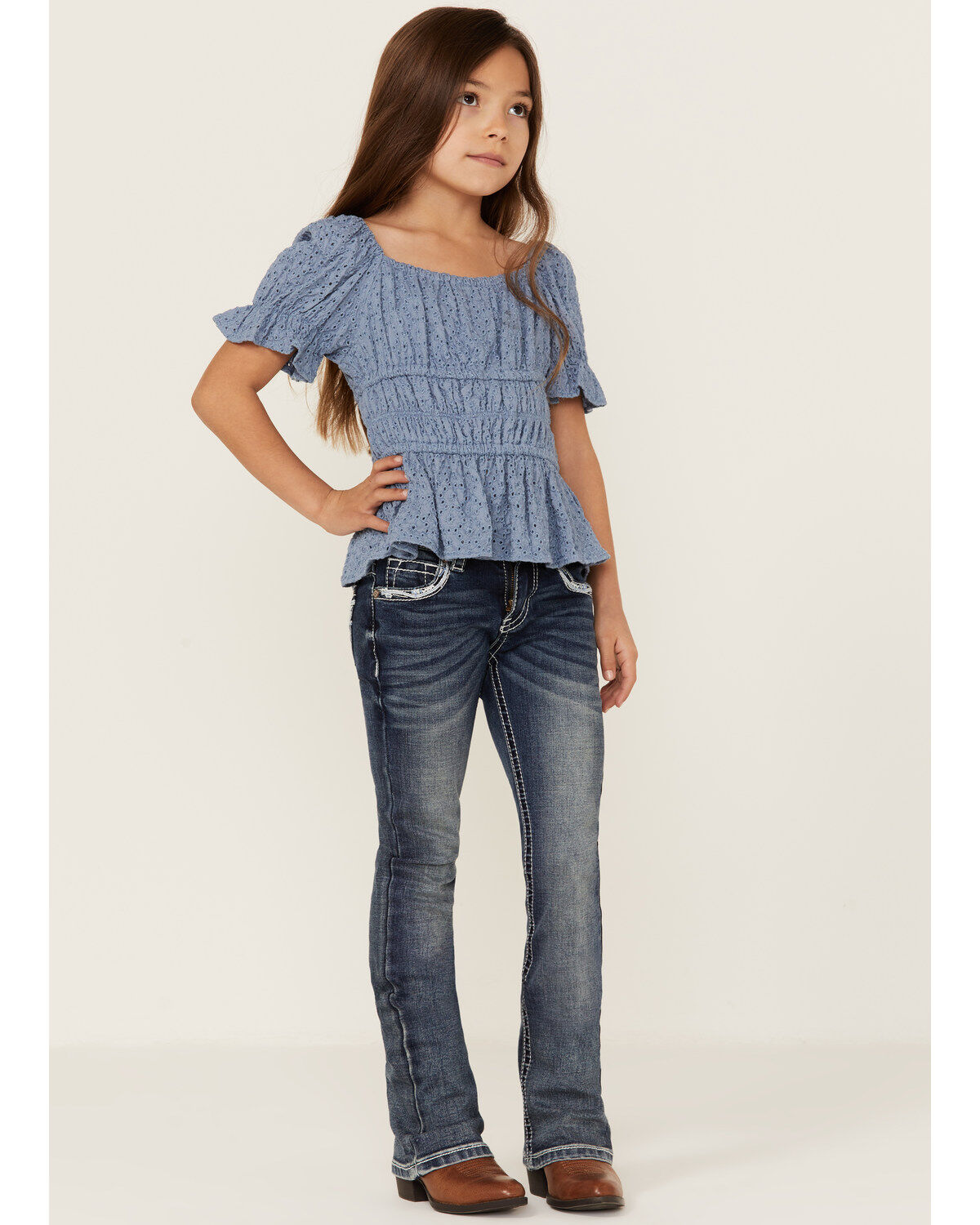 Shyanne Little Girls' Contrast Stitch & Embroidered Bootcut Jeans