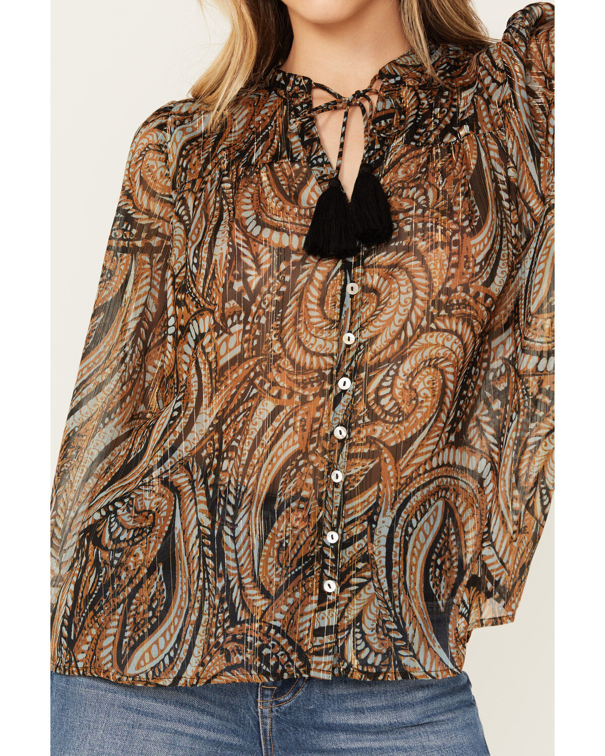 Revel Women's Paisley Print Long Sleeve Peasant Top