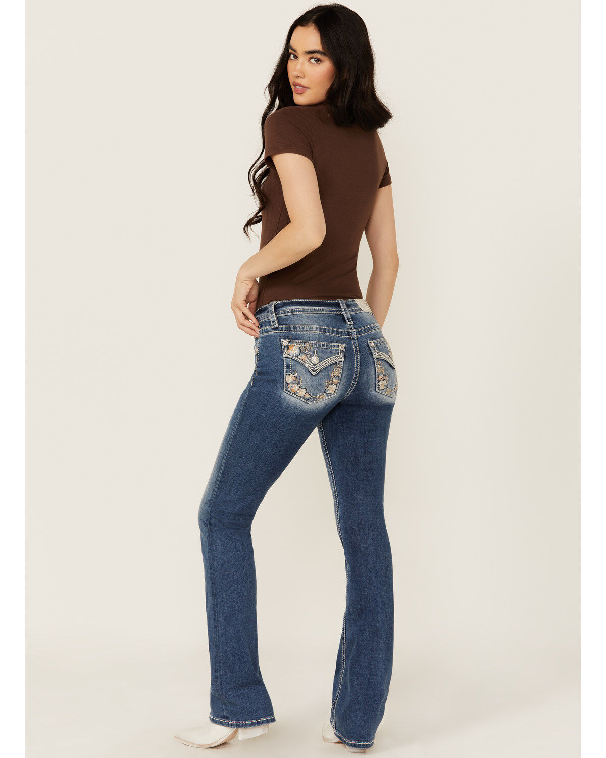 Miss Me Women's Medium Wash Floral Border Pocket Bootcut Stretch Denim Jeans