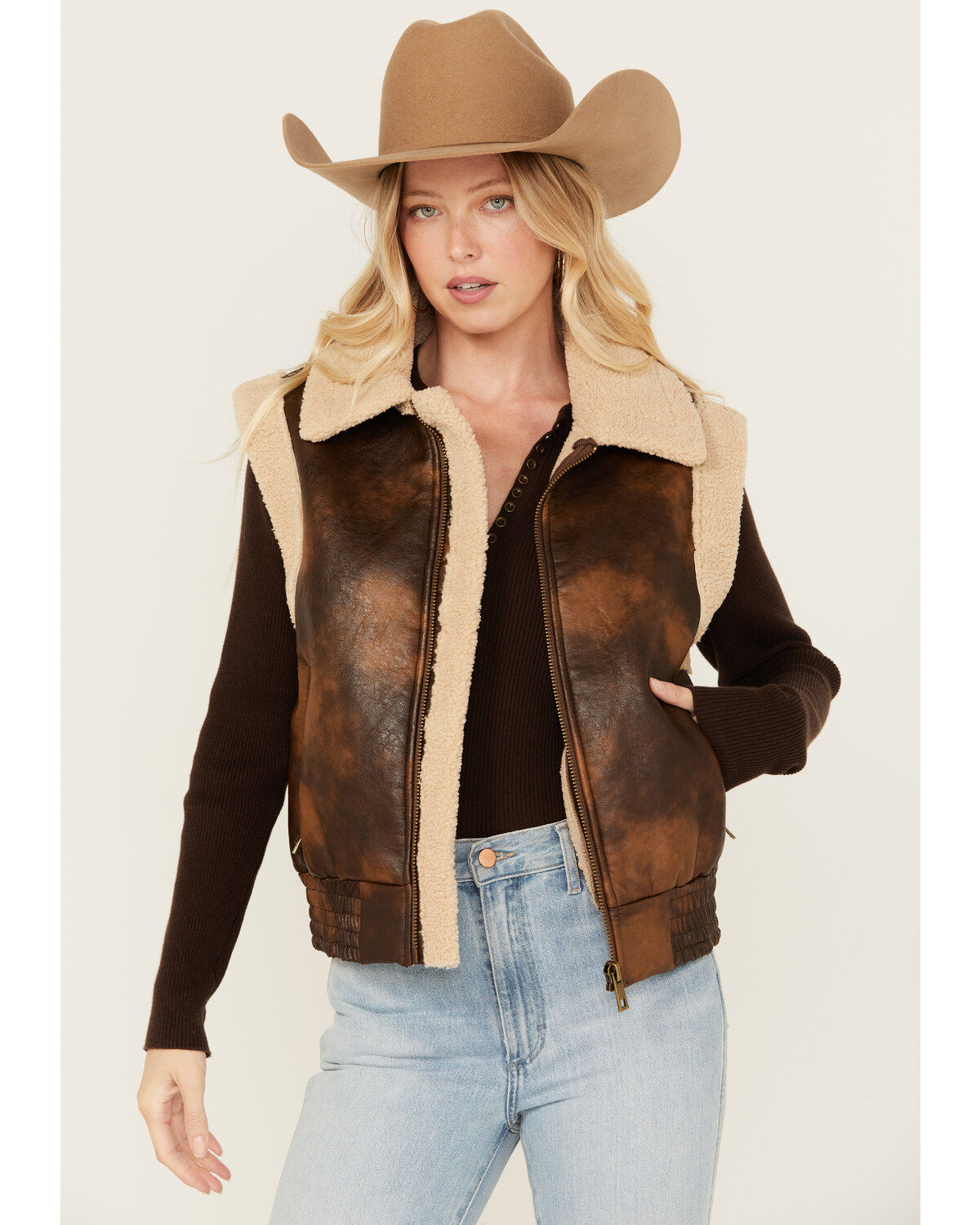 26 International Women's Faux Leather Aviator Sherpa Vest
