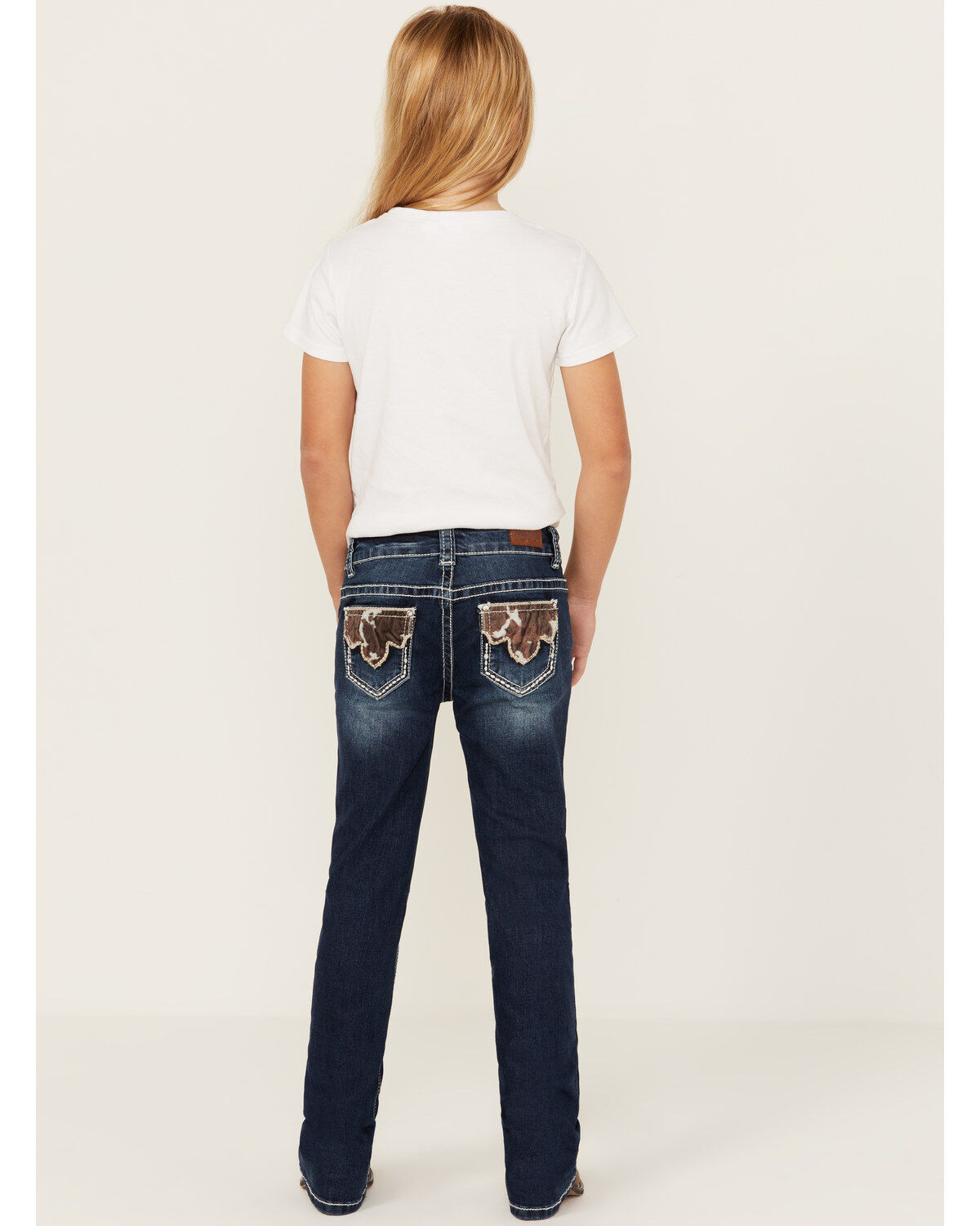 Shyanne Girls' Medium Wash Cowhide Patch Pocket Stretch Bootcut Jeans