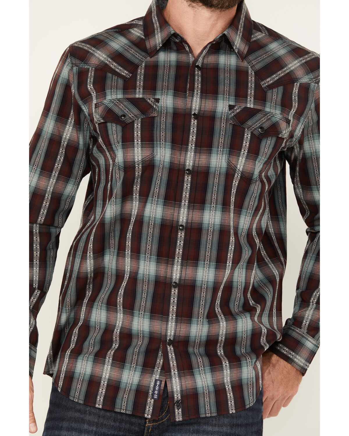 Moonshine Spirit Men's Lone Horn Plaid Print Long Sleeve Snap Western Shirt