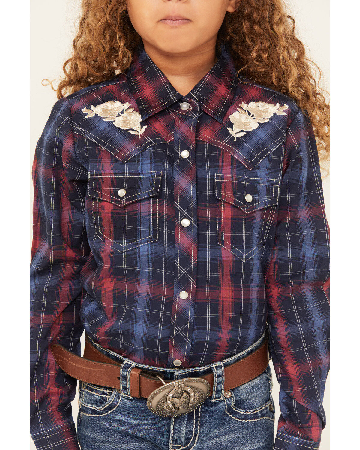 Ely Walker Girls' Plaid Print Rose Embroidered Long Sleeve Pearl Snap Western Shirt
