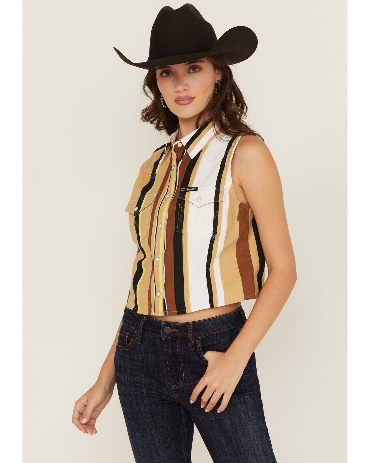 Wrangler Retro Women's Striped Print Sleeveless Snap Cropped Western Shirt