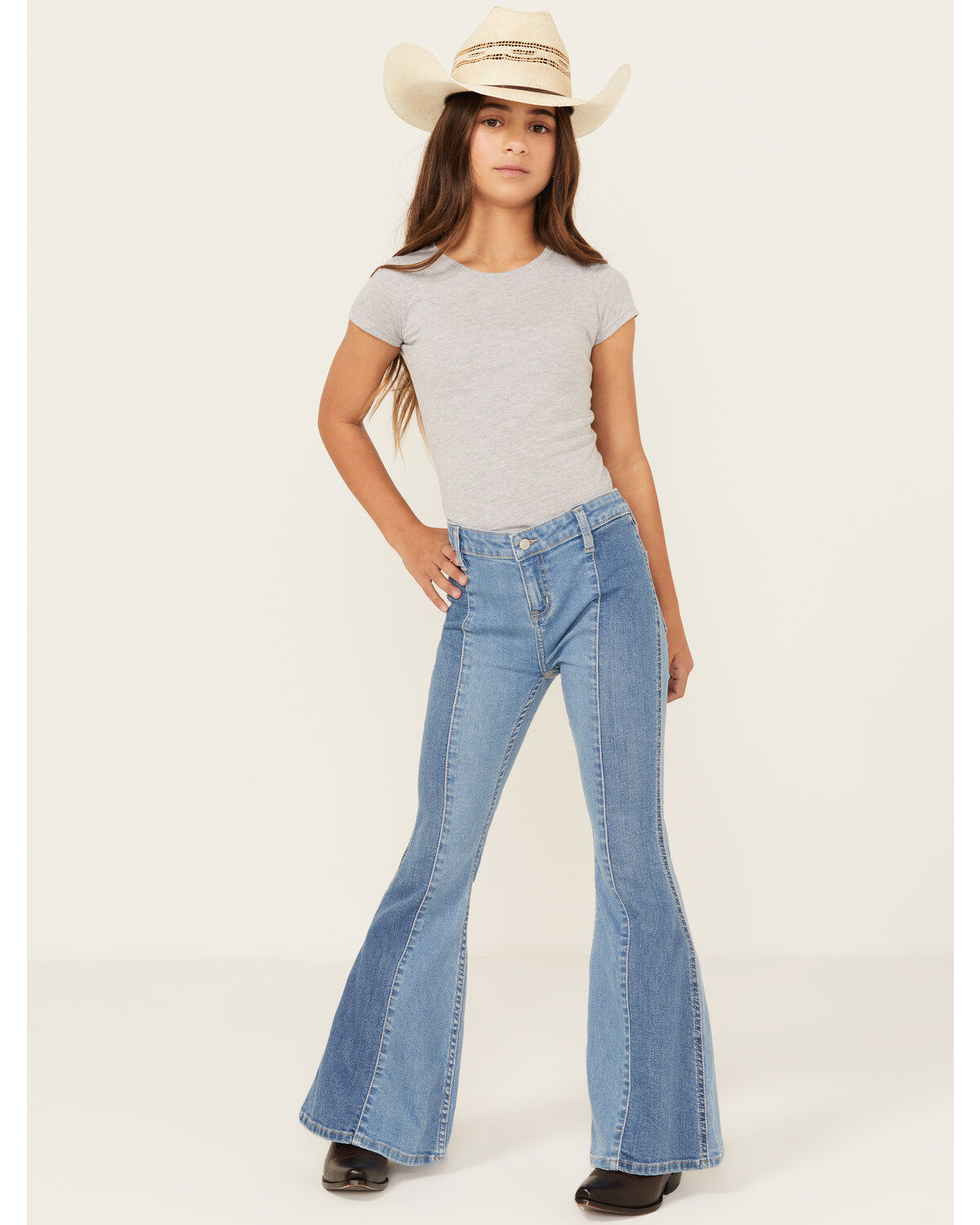 Shyanne Girls' Seraphina Medium Wash Blocked Flare Comfort Stretch Denim Jeans