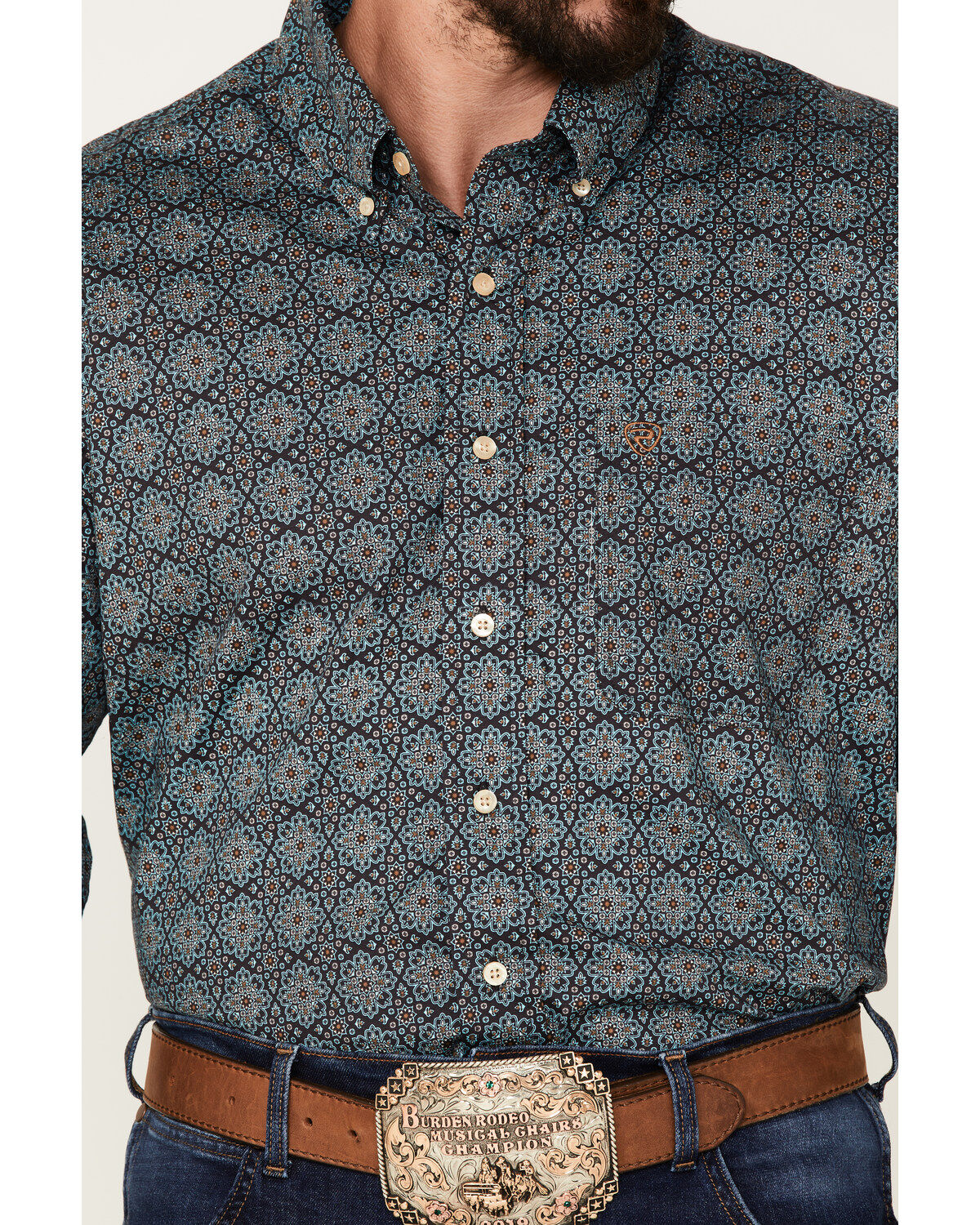 Rock & Roll Denim Men's Medallion Print Stretch Long Sleeve Button-Down Shirt
