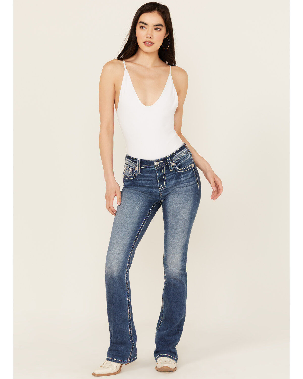 Miss Me Women's Dark Wash Mid Rise Faux Flap Pocket Bootcut Stretch Denim Jeans