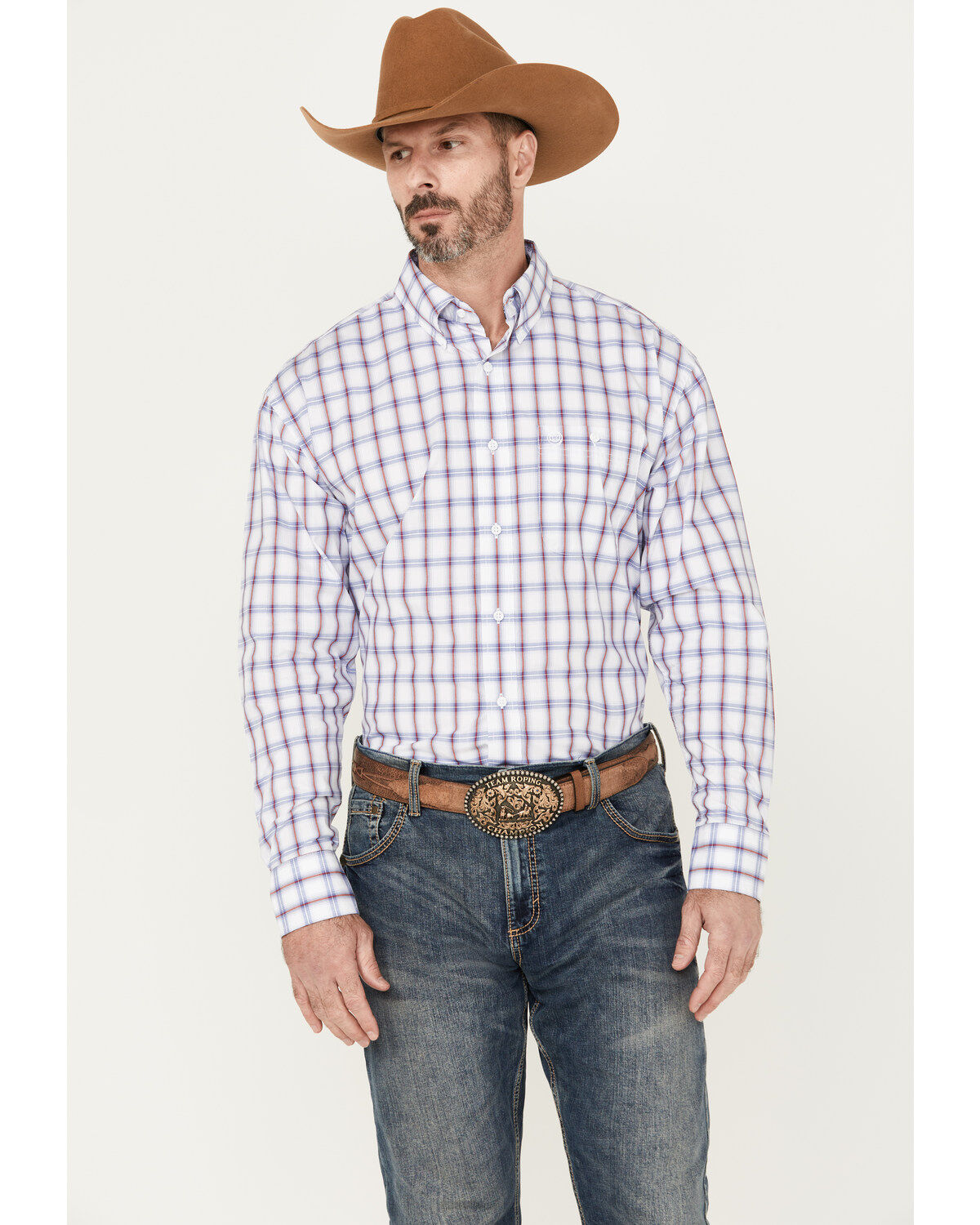 George Strait by Wrangler Men's Plaid Print Long Sleeve Button-Down Western Shirt - Tall