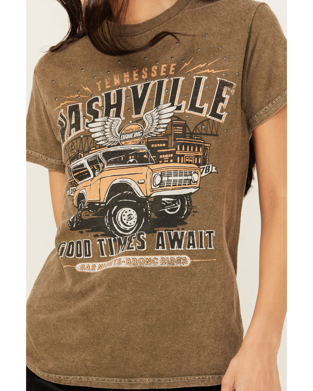 Youth in Revolt Women's Nashville Embellished Car Short Sleeve Graphic Tee