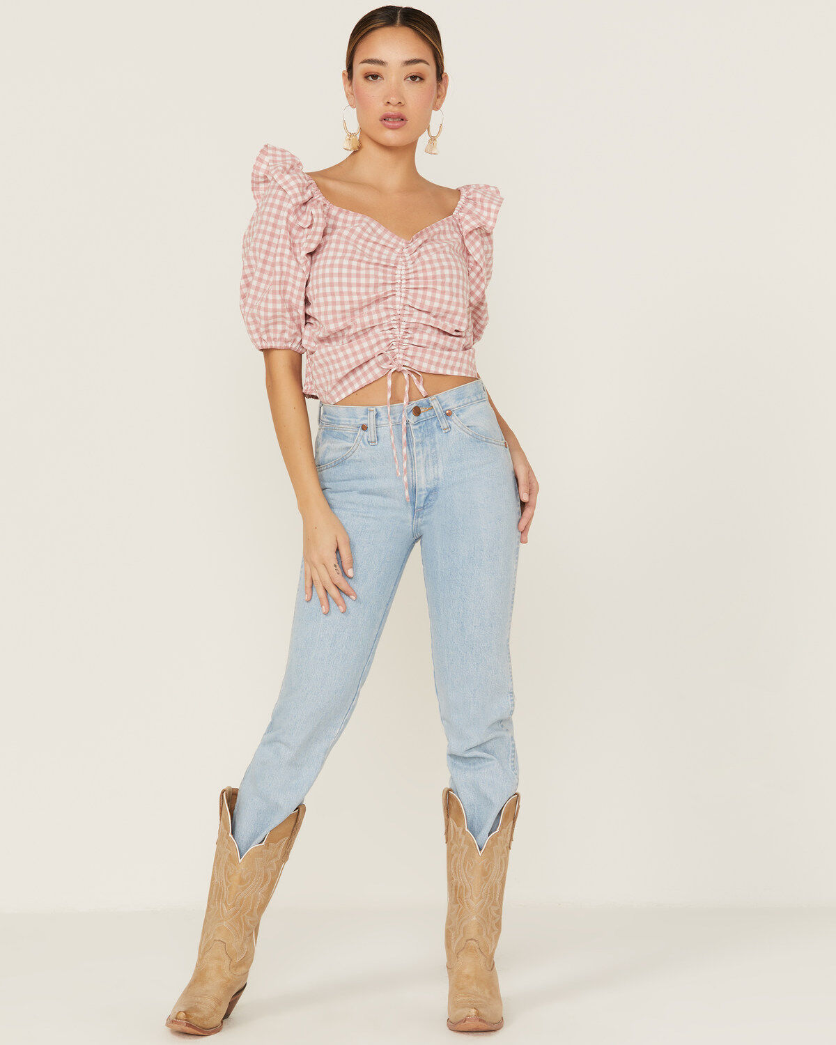 Beyond The Radar Women's Gingham Crop Cinch Detail Top