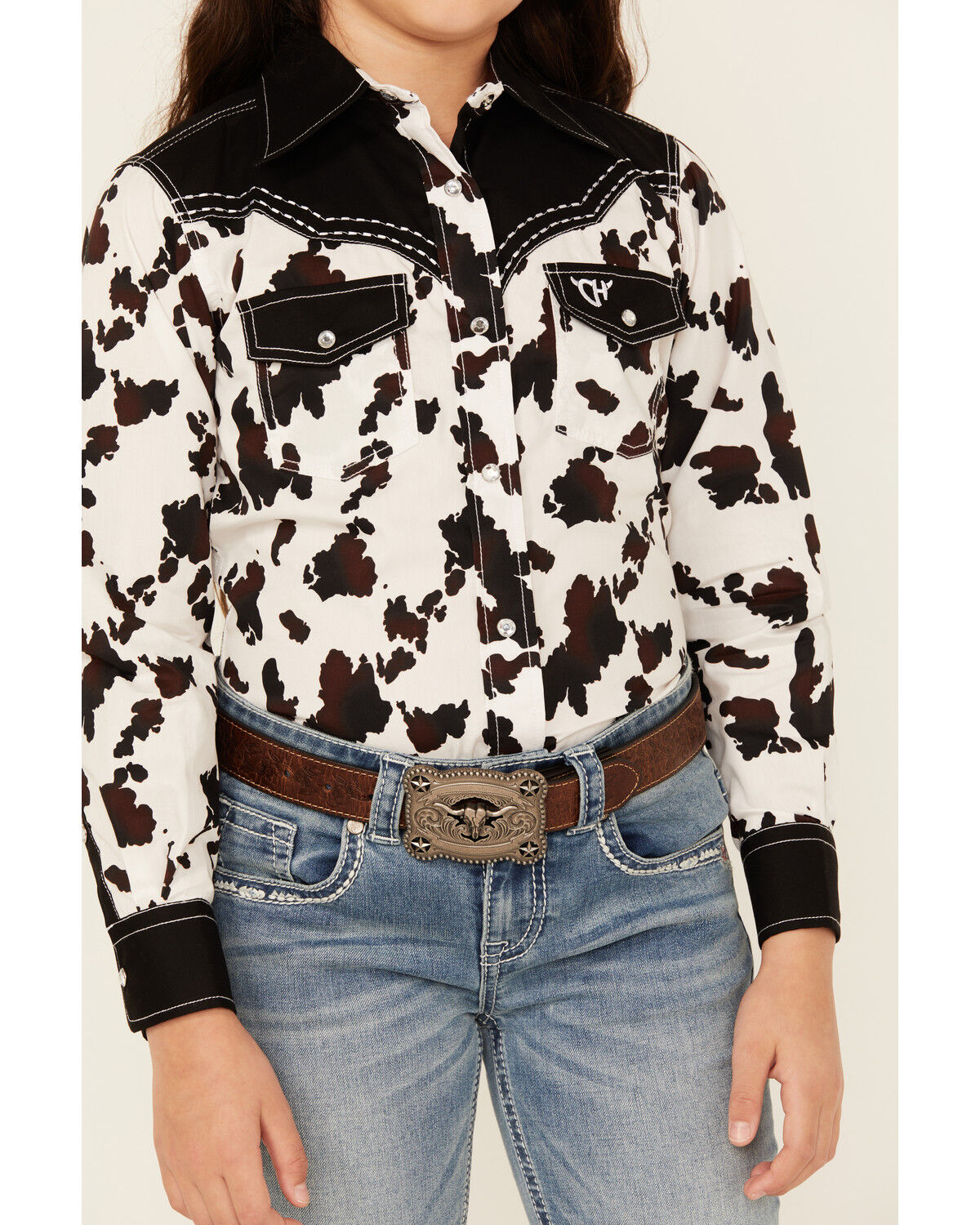 Cowgirl Hardware Girls' Moody Cow Print Long Sleeve Snap Western Shirt