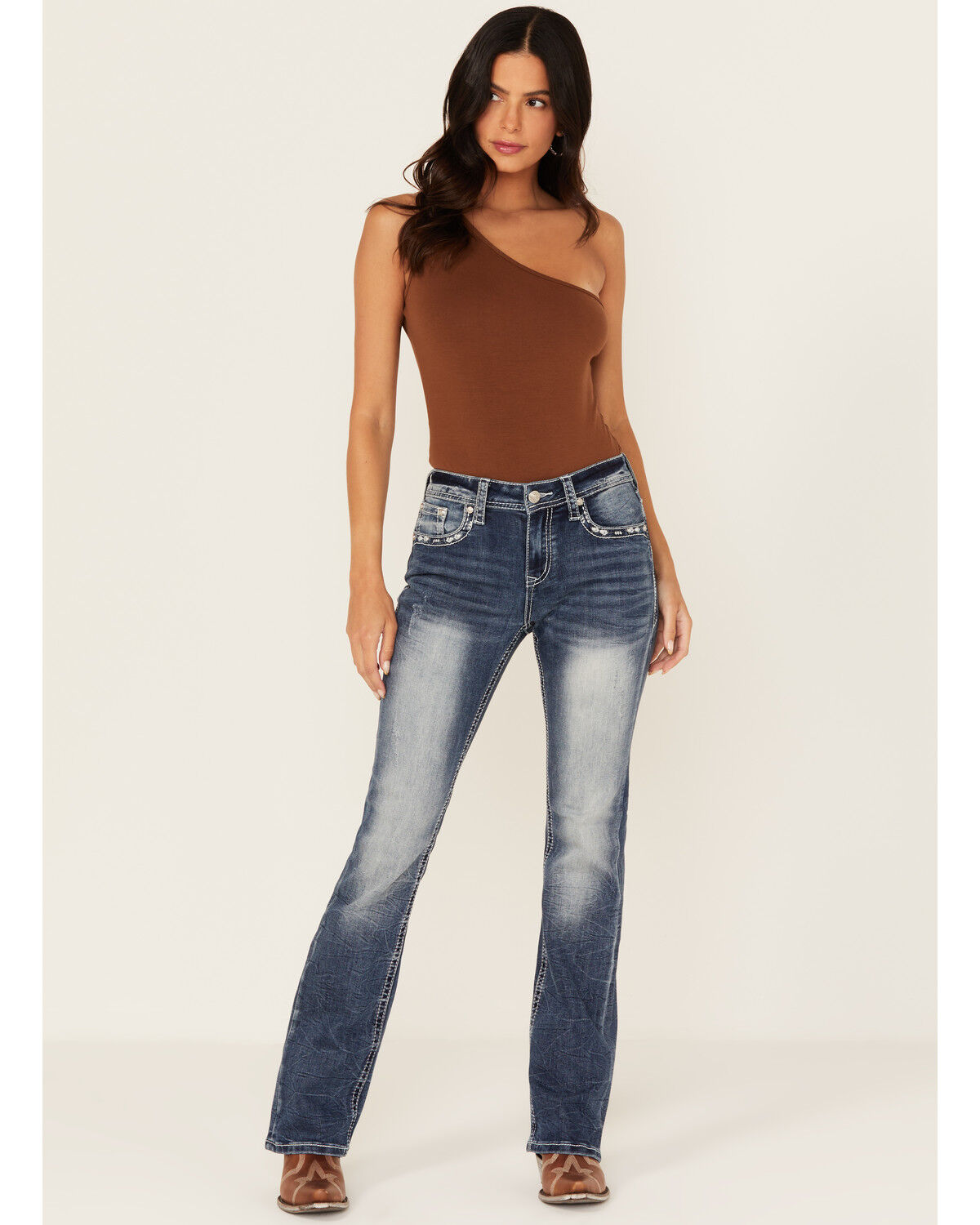 Grace In LA Women's Medium Wash Cross Embroidered Mid Rise Bootcut Stretch Denim Jeans