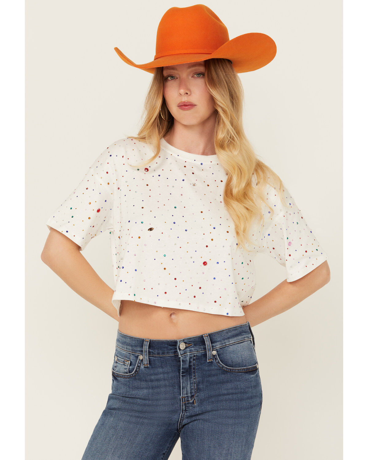 Blue B Women's Rhinestone Short Sleeve Cropped Tee