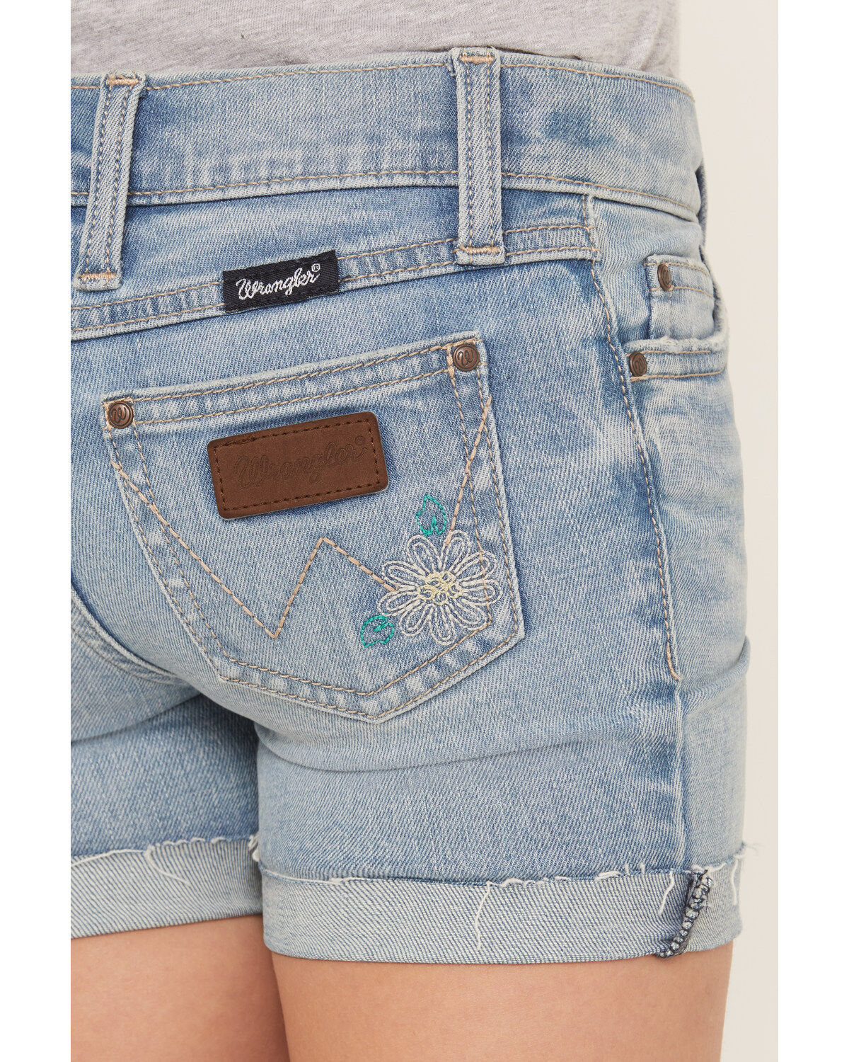 Wrangler Girls' Light Wash Cuffed Daisy Embroidered Jean Shorts