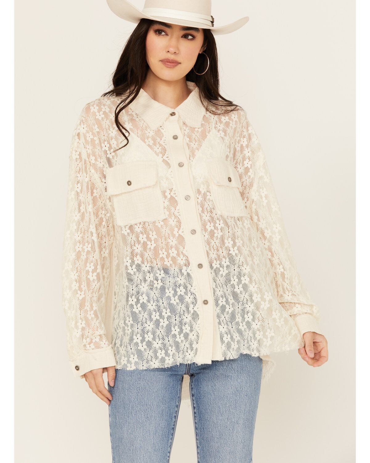 People of Leisure Women's Floral Lace Long Sleeve Button-Down Shirt