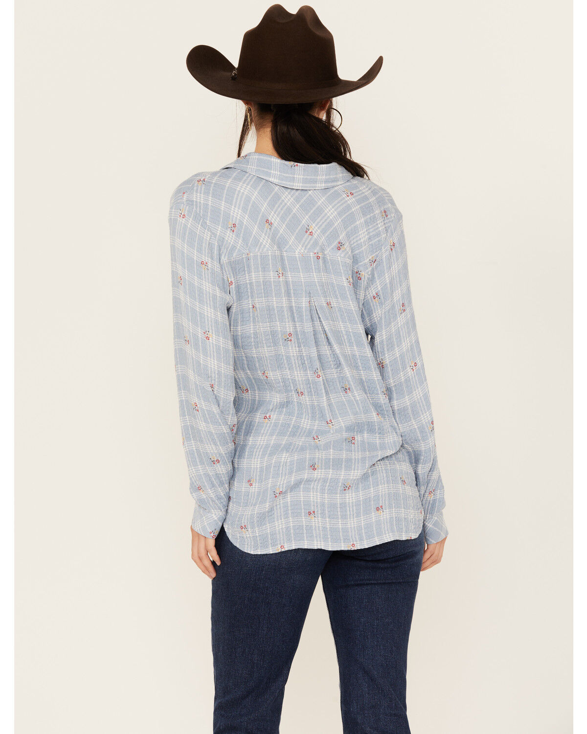 Beyond The Radar Women's Plaid Print Floral Long Sleeve Button-Down Shirt