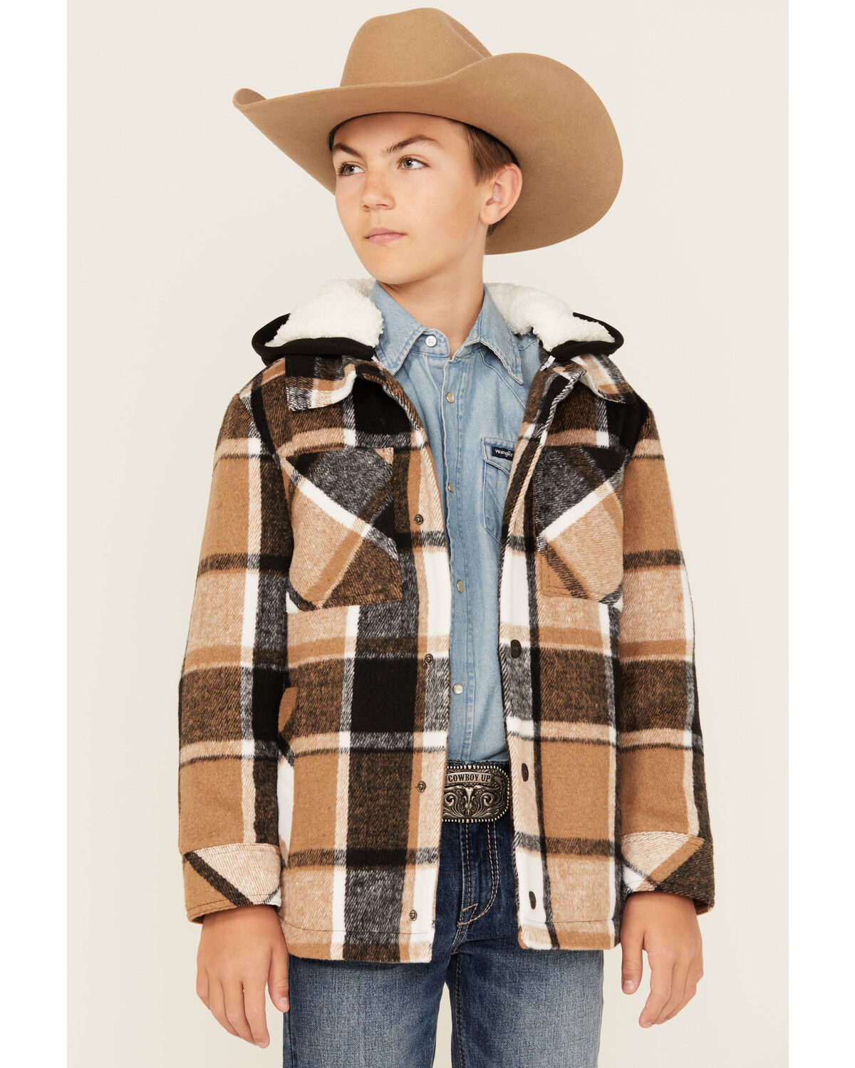 Urban Republic Little Boys' Plaid Print Sherpa Lined Snap Hooded Shacket