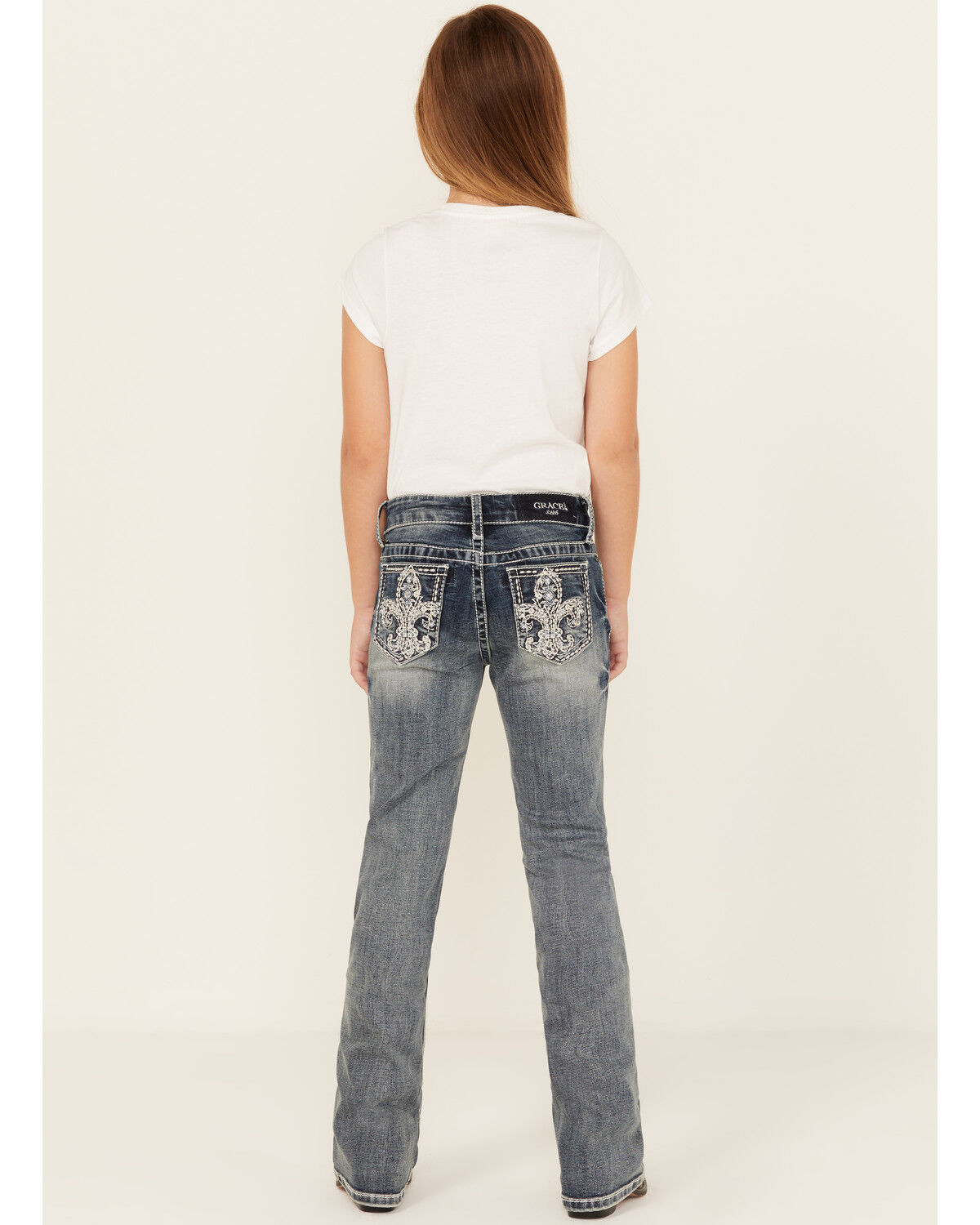 Grace In LA Girls' Dark Wash Fleur De Lis Bootcut Stretch Denim Jeans