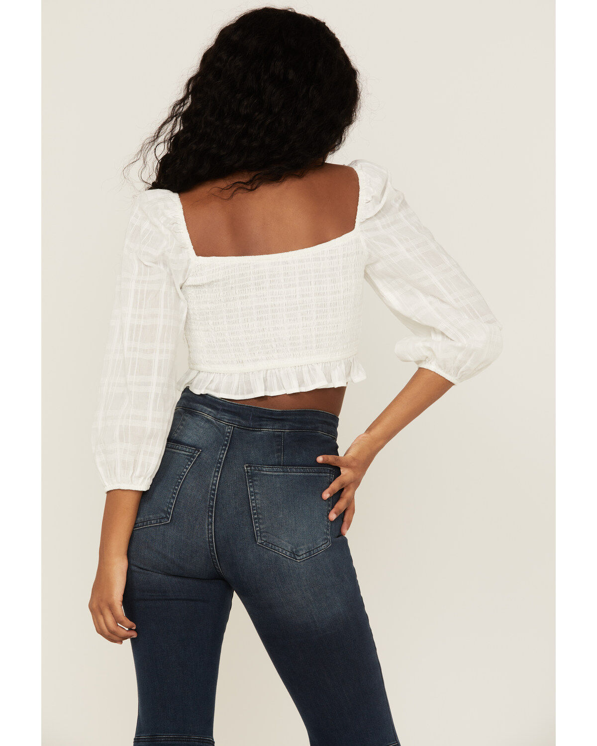 Lush Women's Long Sleeve Smocked Tie Front Blouse