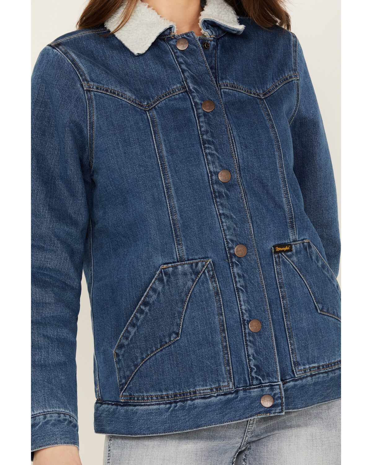 Wrangler Women's Medium Wash Denim Sherpa Lined Barn Coat