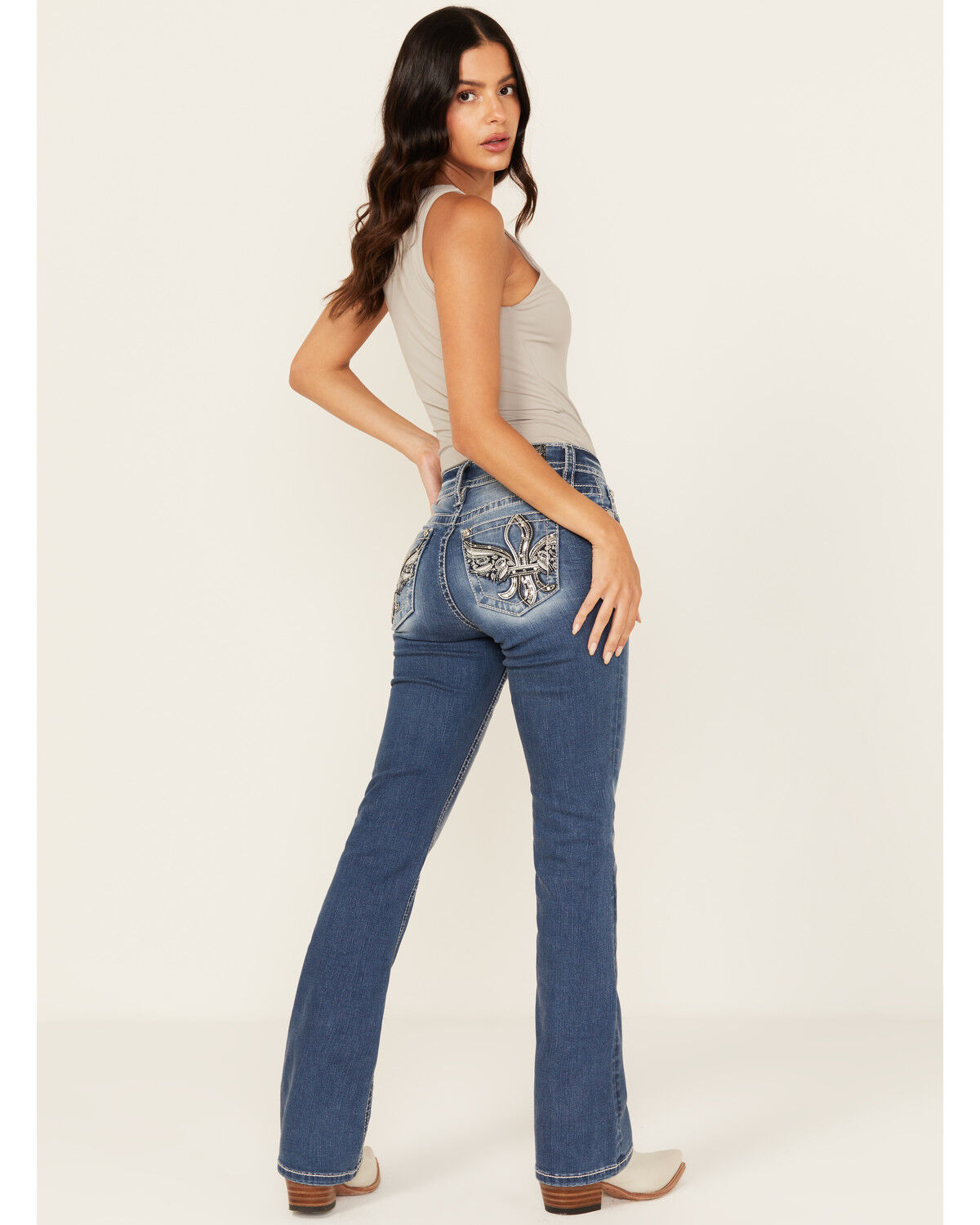 Miss Me Women's Medium Wash Mid Rise Fleur de Lis Pocket Bootcut Stretch Denim Jeans