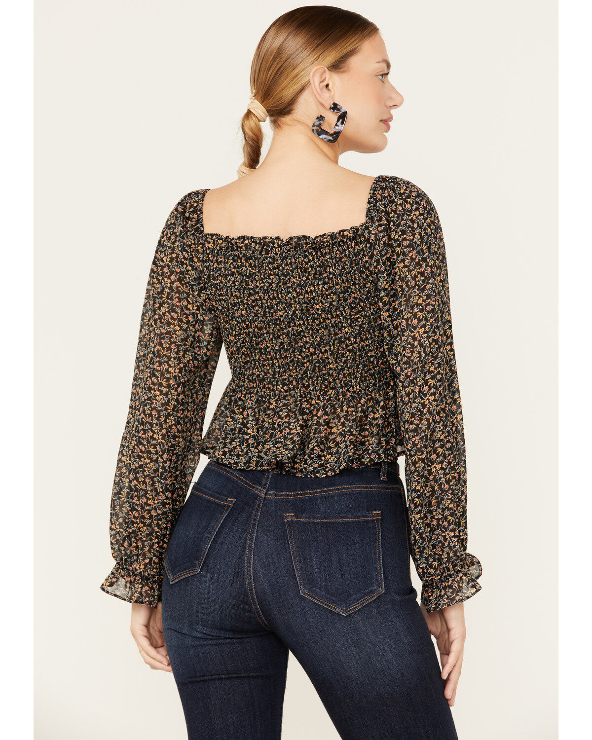 Beyond The Radar Women's Floral Smocked Off Shoulder Woven Long Sleeve Top