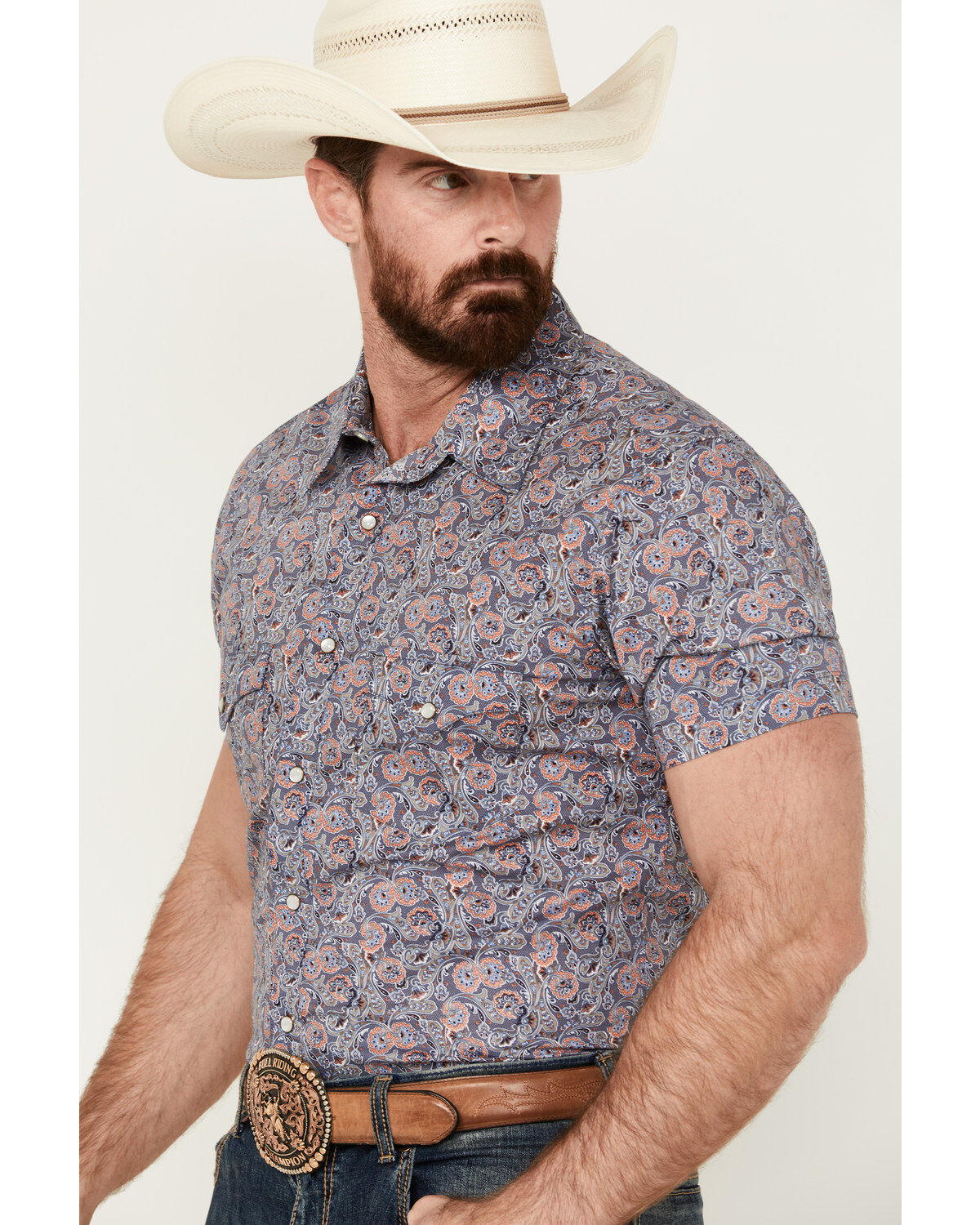 Rock & Roll Denim Men's Paisley Print Short Sleeve Pearl Snap Stretch Western Shirt