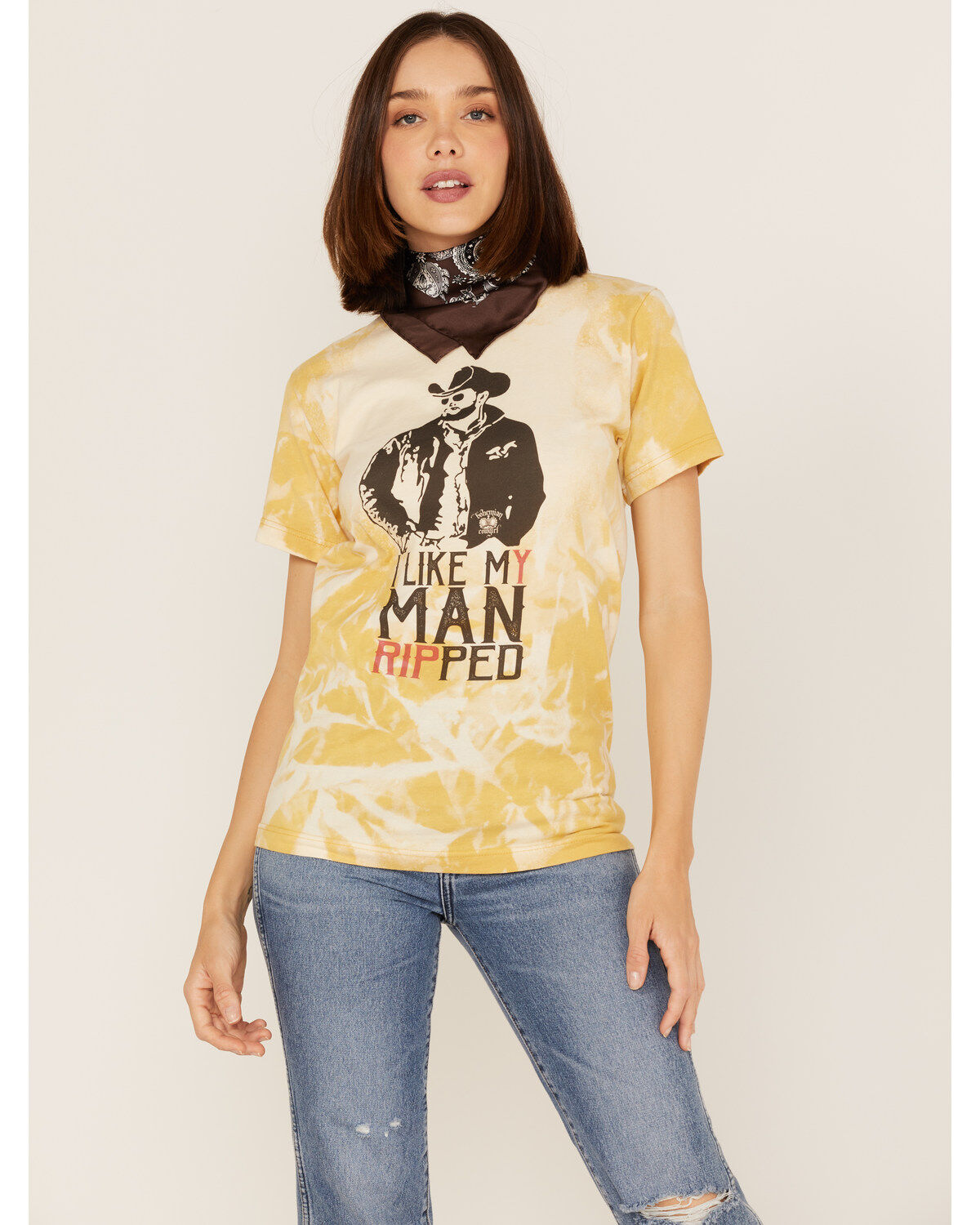 Bohemian Cowgirl Women's Like My Man Ripped Graphic Bleach Spray Tee