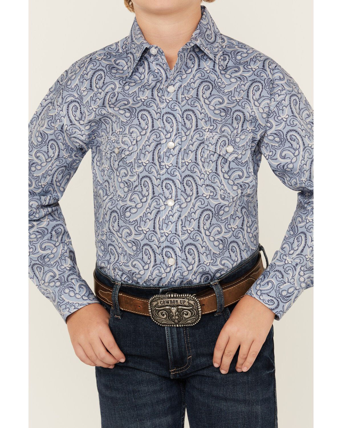 Rock & Roll Denim Boys' Paisley Print Long Sleeve Pearl Snap Stretch Western Shirt
