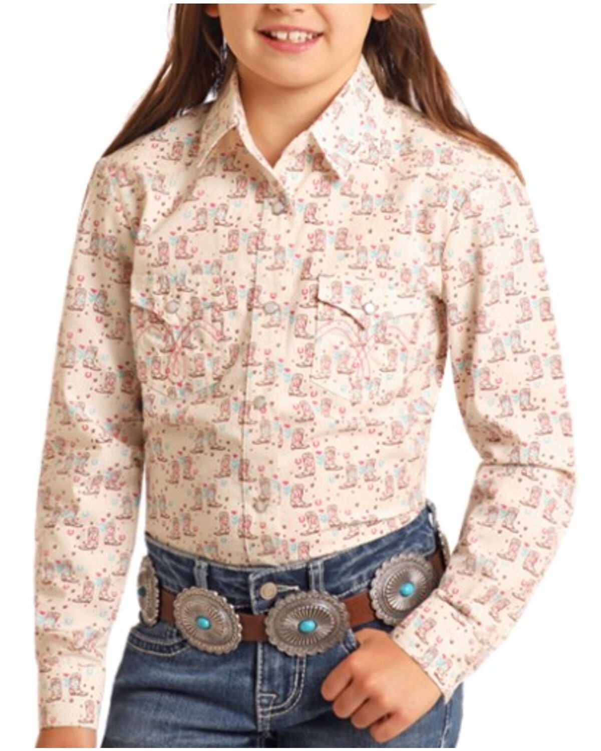 Panhandle Girls' Cowboy Print Long Sleeve Snap Western Shirt