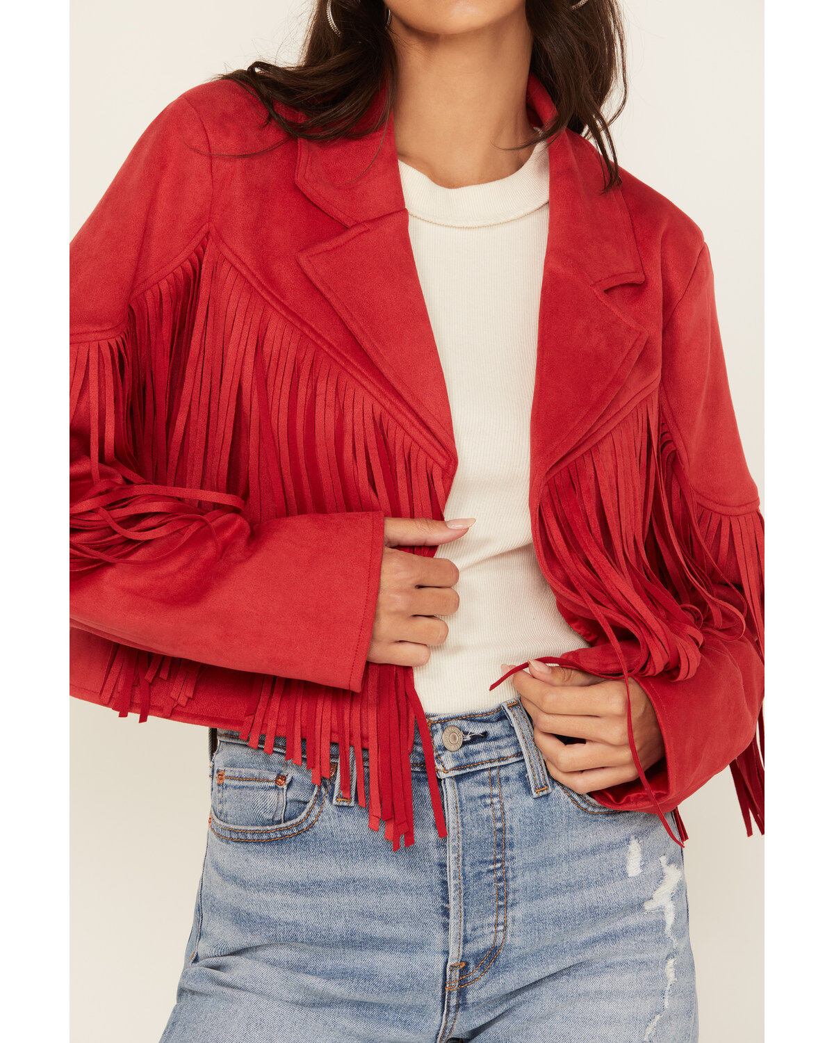 Saints & Hearts Women's Faux Suede Cropped Fringe Jacket