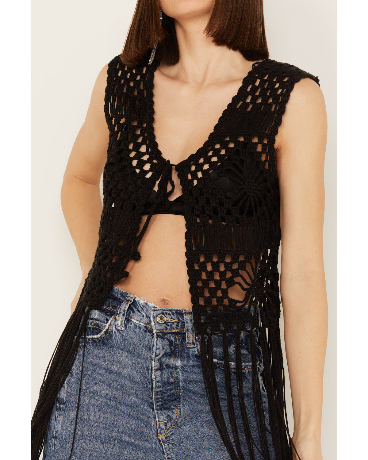 Rock & Roll Denim Women's Crochet Fringe Sleeveless Vest