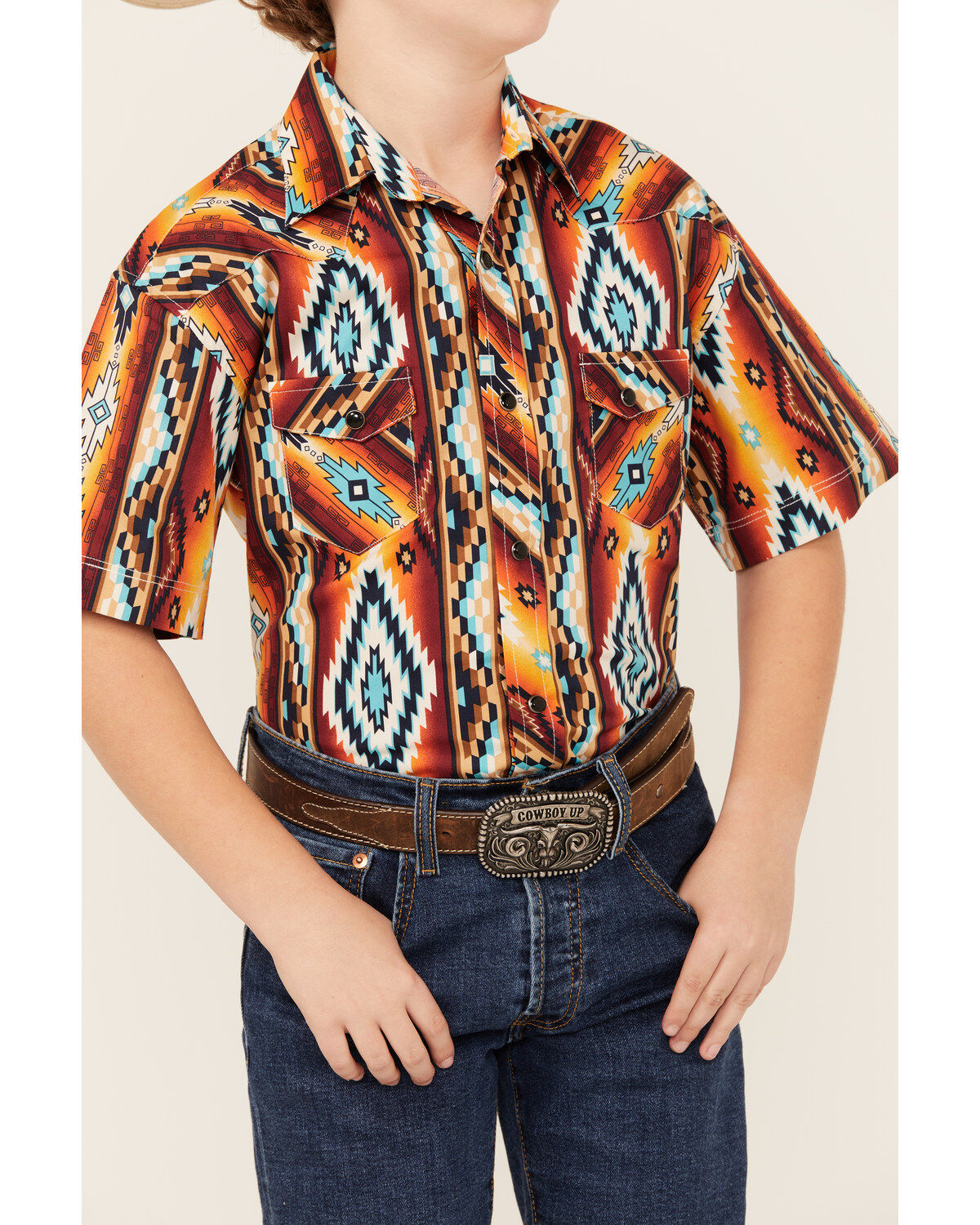Rock & Roll Denim Boys' Southwestern Print Short Sleeve Snap Stretch Western Shirt