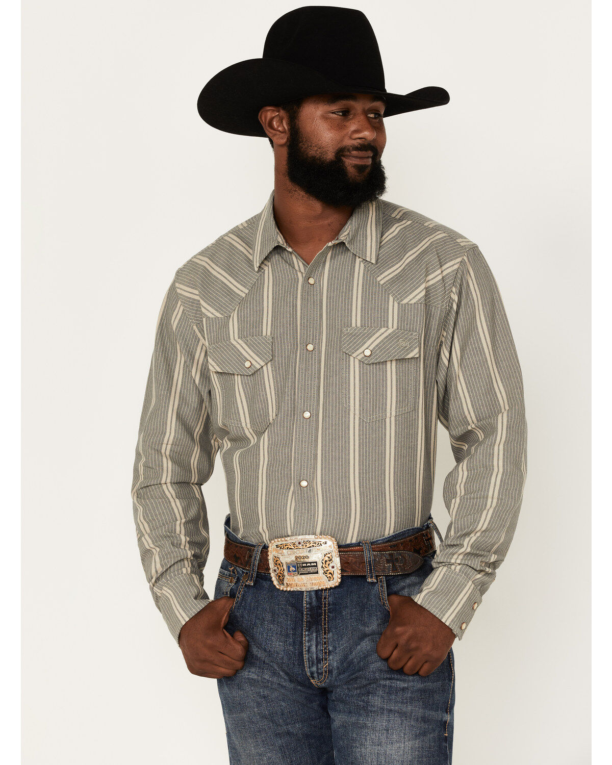 Blue Ranchwear Men's Striped Long Sleeve Pearl Snap Shirt