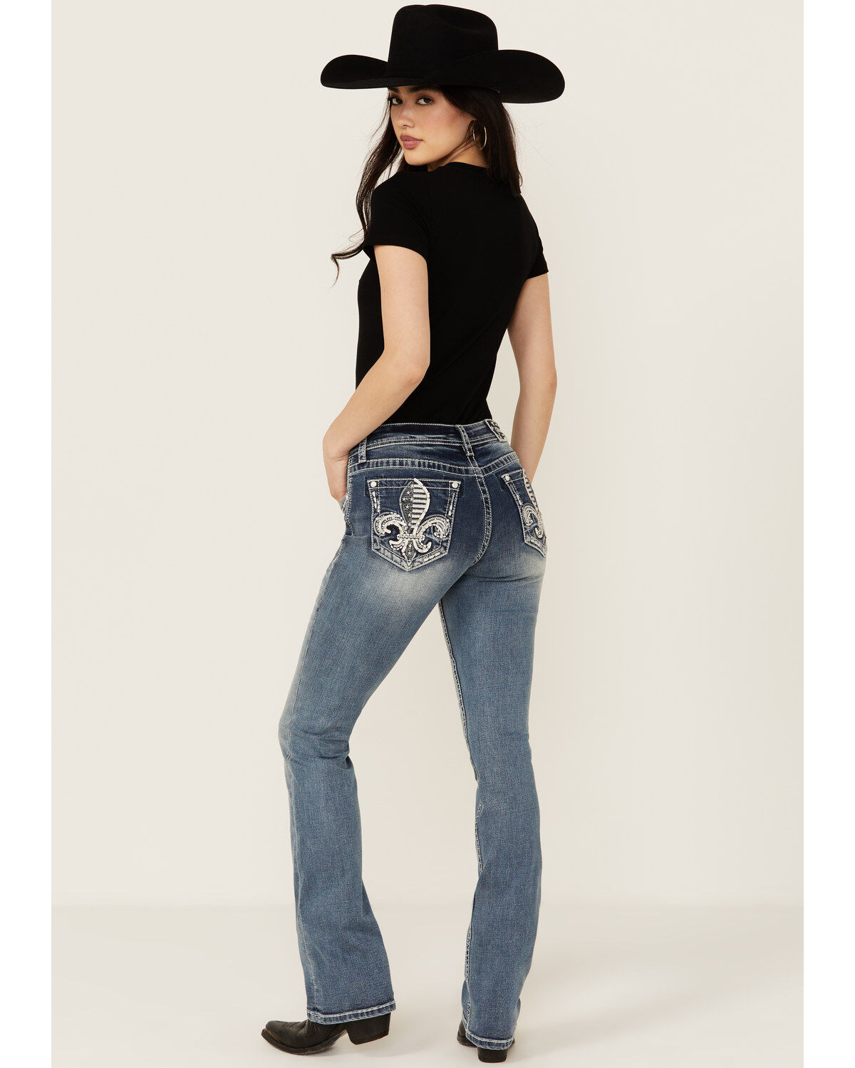 Grace In LA Women's Medium Wash Americana Fleur De Lis Mid Rise Bootcut Stretch Denim Jeans