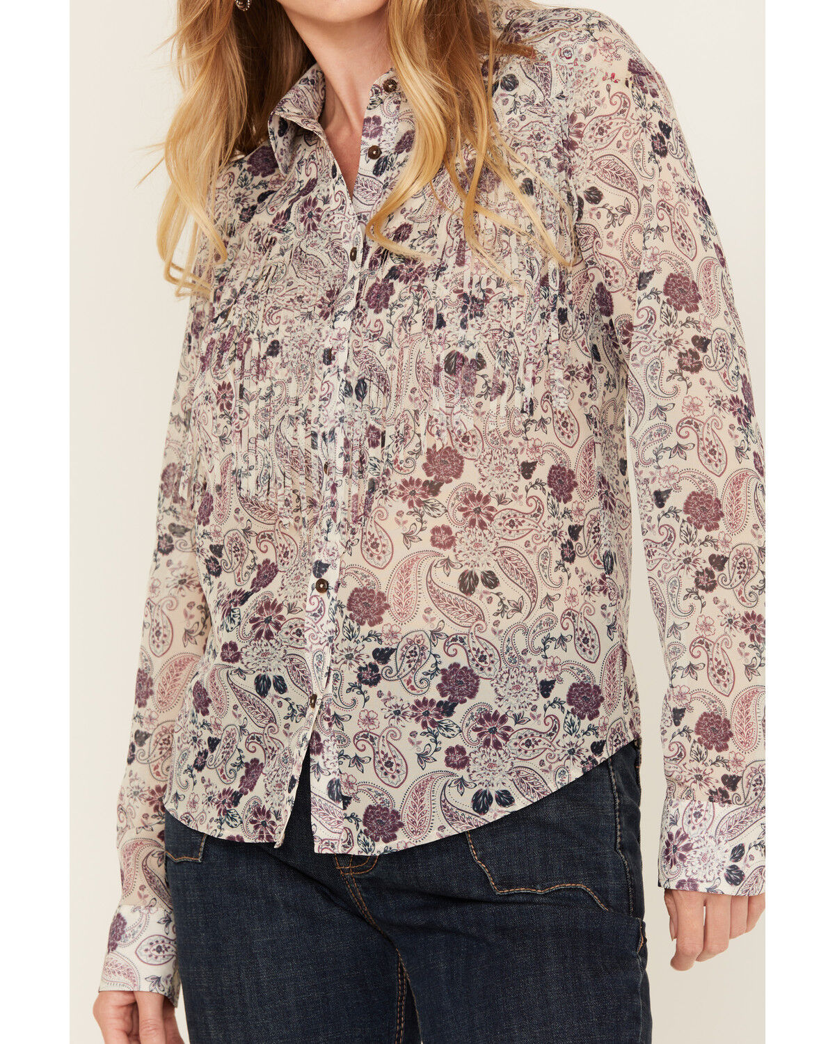 Shyanne Women's Printed Long Sleeve Fringe Button-Down Western Shirt