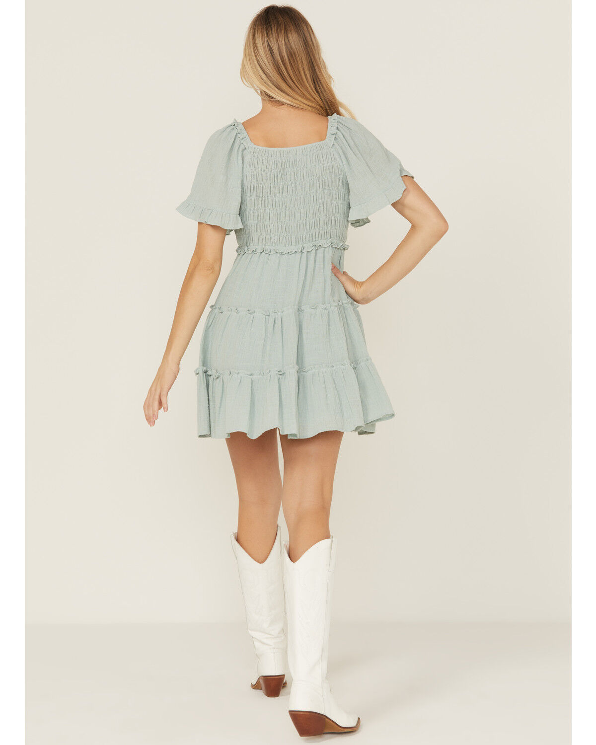 Yura Women's Solid Smocked Short Sleeve Mini Dress