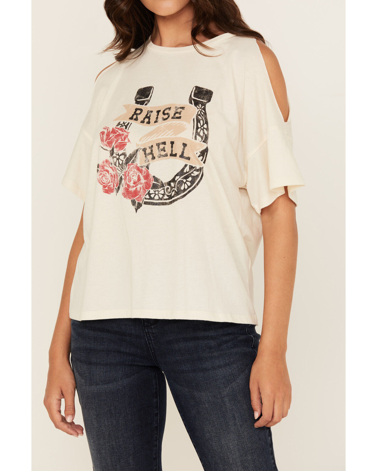 White Crow Women's Raise Hell Cold Shoulder Short Sleeve Graphic Tee